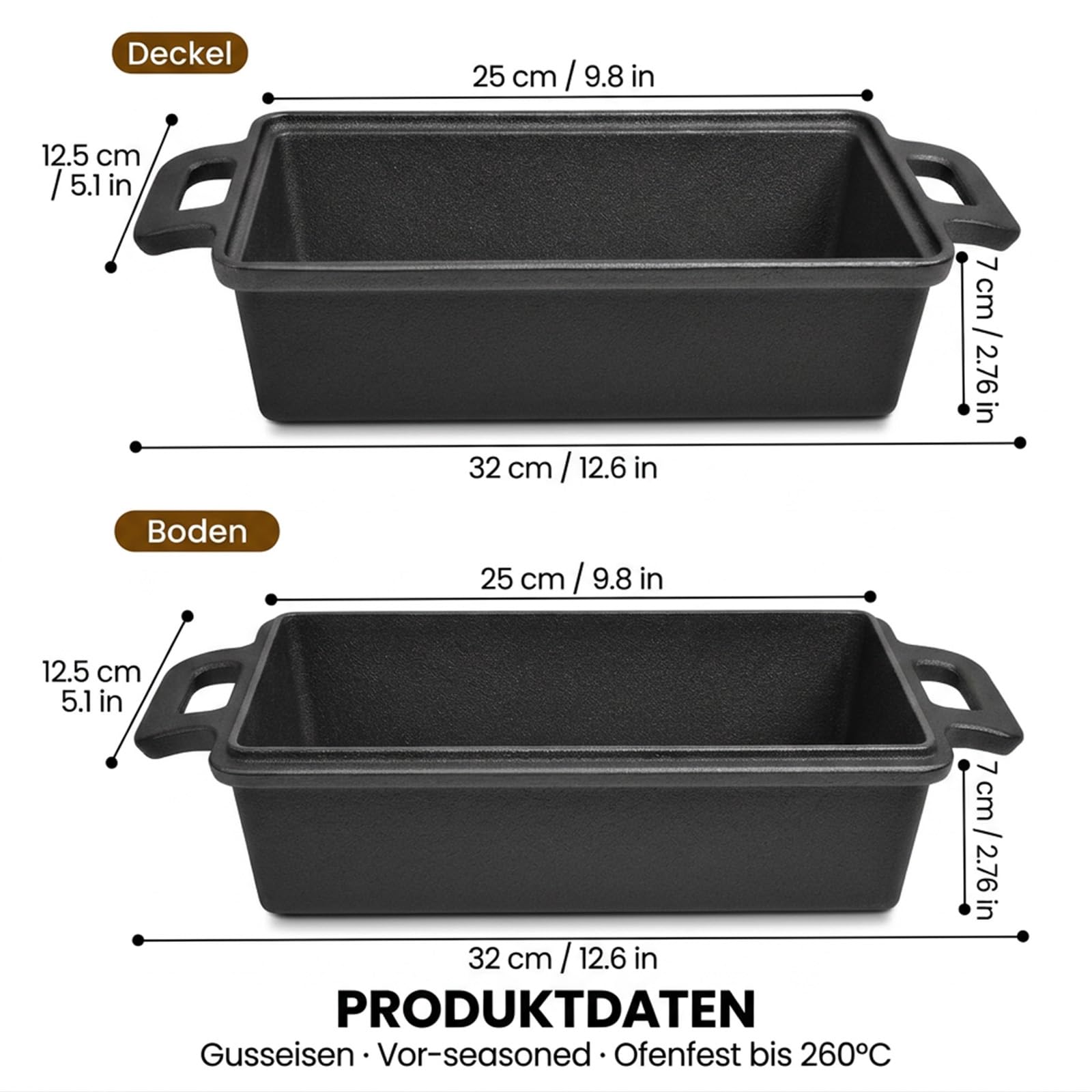 Brotbackform mit Deckel Gusseisen - Ideal als Kastenform, Toastbrot Backform, Brotform, Gusseisen Topf Brot backen Zubehör, Brottopf (25CM)