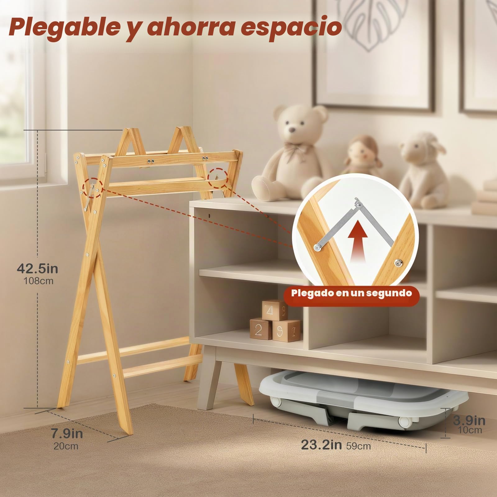 Bañera para bebés FUNLIO con soporte, bañera plegable y soporte de madera plegable para bebés de 0 a 24 meses, soporte seguro de 8 puntos, capacidad de 50 kg — Ergonómica y cómoda para la espalda