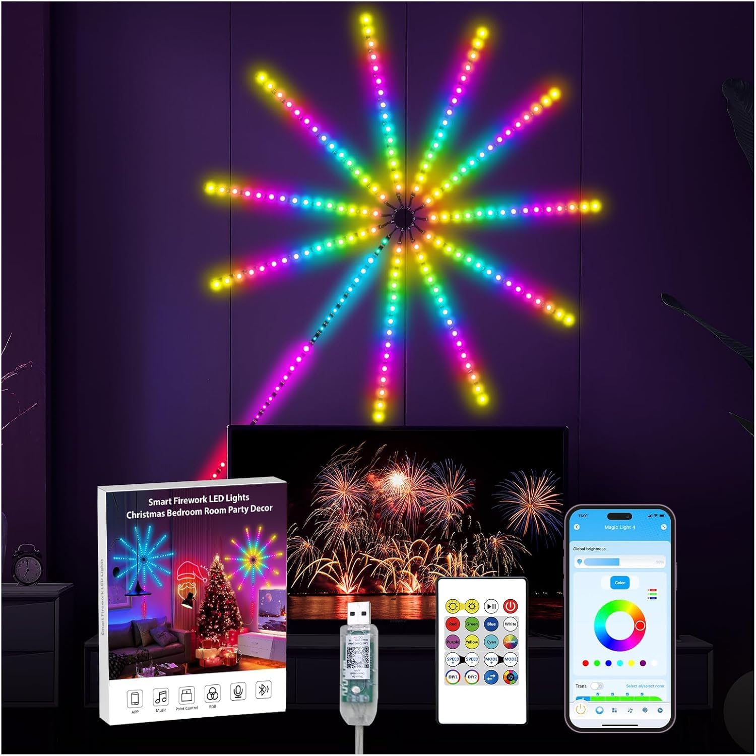 XERGY Led Firework Lights, Smart Indoor Led Strip Lights Dimmable with Flow RGB Color,Firework Dynamic Scenes and App Music Sync,DIY Led Lights for Room Party Christmas Lights,(5V, USB Powered)