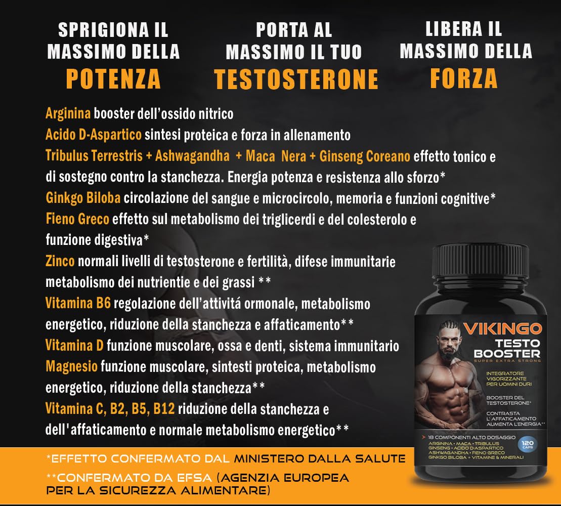 Testosterone Uomo Booster Extra, Dosaggio Ottimale, con Maca (20:1), Tribulus Terrestris (25:1), 500mg di Fieno Greco, Ginseng, Citrullina, Ashwagandha - 120 Capsule, Integratore Uomo