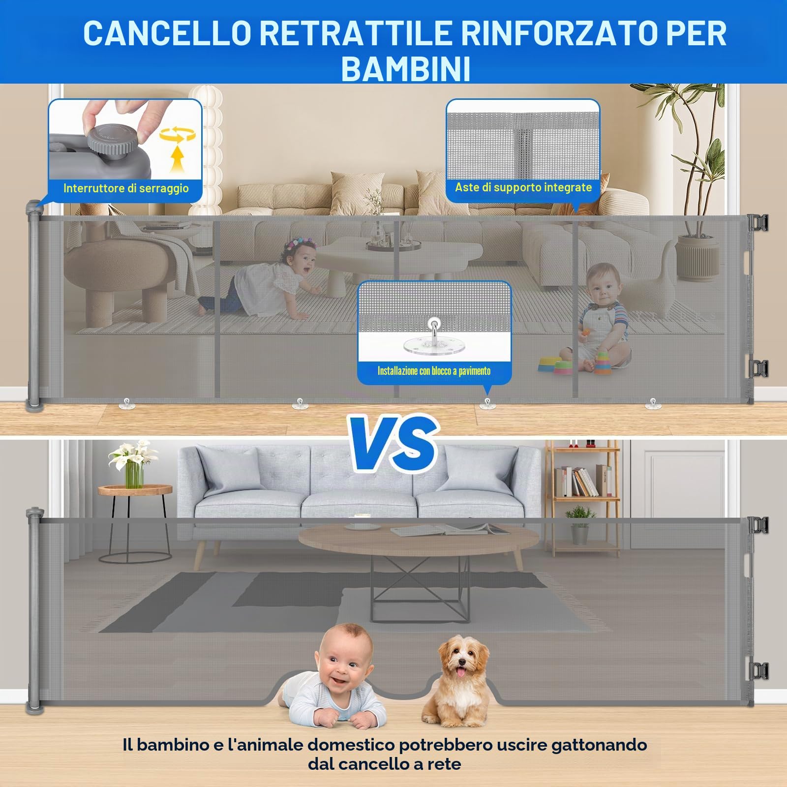 Cancelletto di Sicurezza Retrattile per Bambini, 0-500 cm (Grigio) | Cancelletto Estensibile per Bambini Scale e Corridoi Interni ed Esterni Cancello per Cani