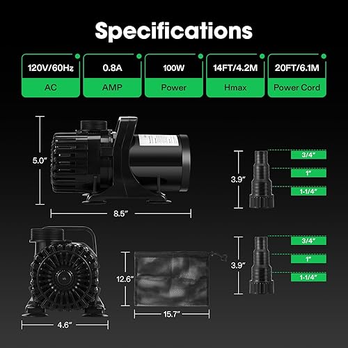 Miniatura 6 de VIVOSUN Bomba de agua sumergible de 1800 GPH con bolsa de barrera, bomba de estanque de 100 W con 14 pies. Altura de elevación, bomba de acuario