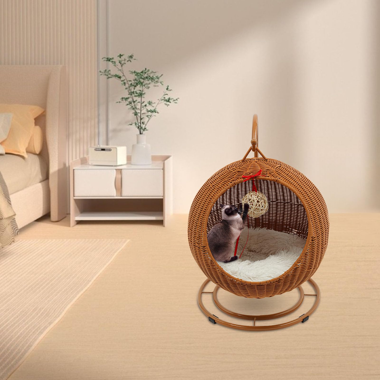 Cuccia per gatti, in rattan, indipendente, giallo, marrone, rosa, 7,5 kg, cuscino morbido, salvaspazio, per soggiorno/balcone (giallo marrone)