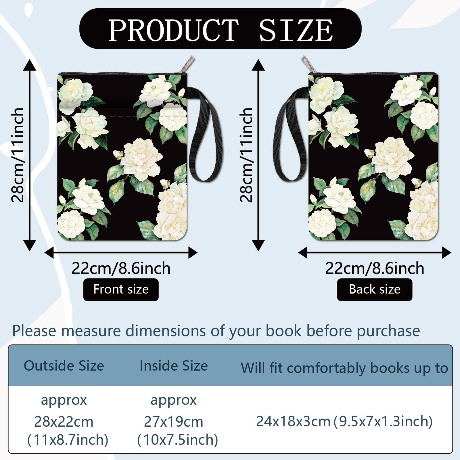 CRASPIRE Flower Book Covers Camellia Sleeve White Floral Protector for Paperbacks Washable Fabric Cloth with Zipper and Extra Pocket for Lovers Classmate Gifts - Image 2