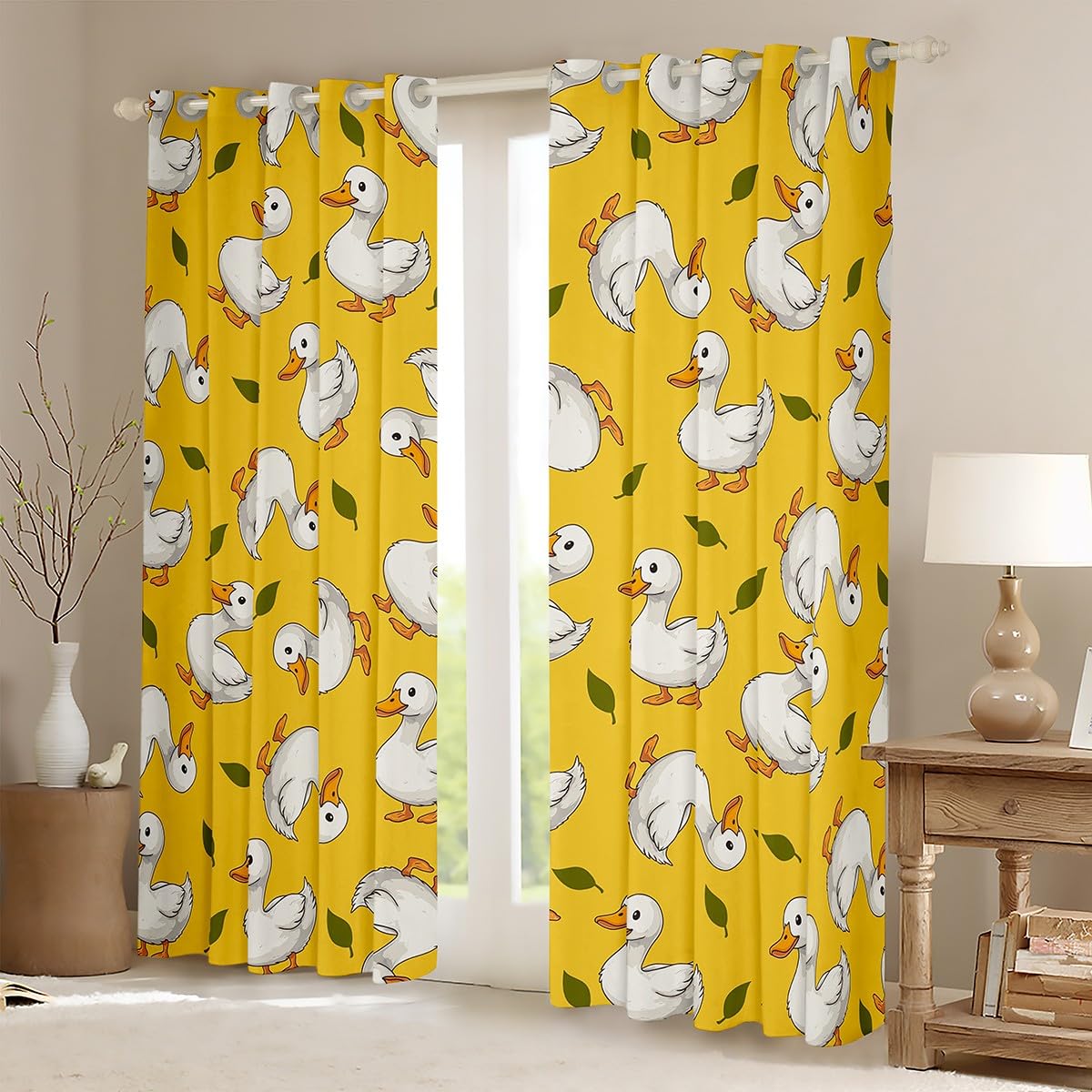 Manfei Cute Ducks Blackout Curtain White Ducks Print Window Drapes for Kids Boys Girls Farm Animals Theme Yellow Window Treatments - Image 2