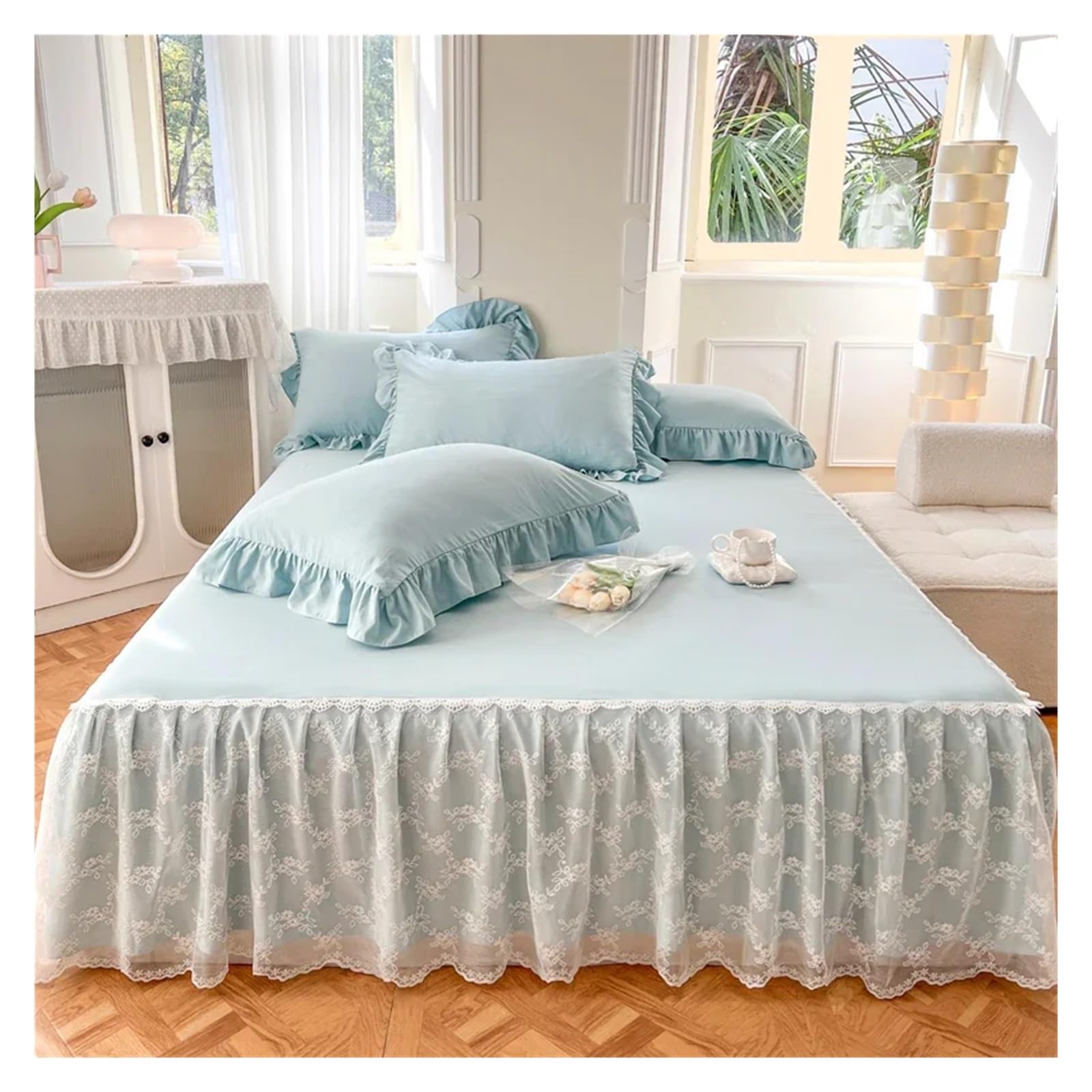 Solid Color Bed Skirt & Pillowcase Washed Cotton Wrap Around Bedskirt With Embroidered Lace White Pleated Ruffle Bed Sheet(4,200x220cm 3pcs)