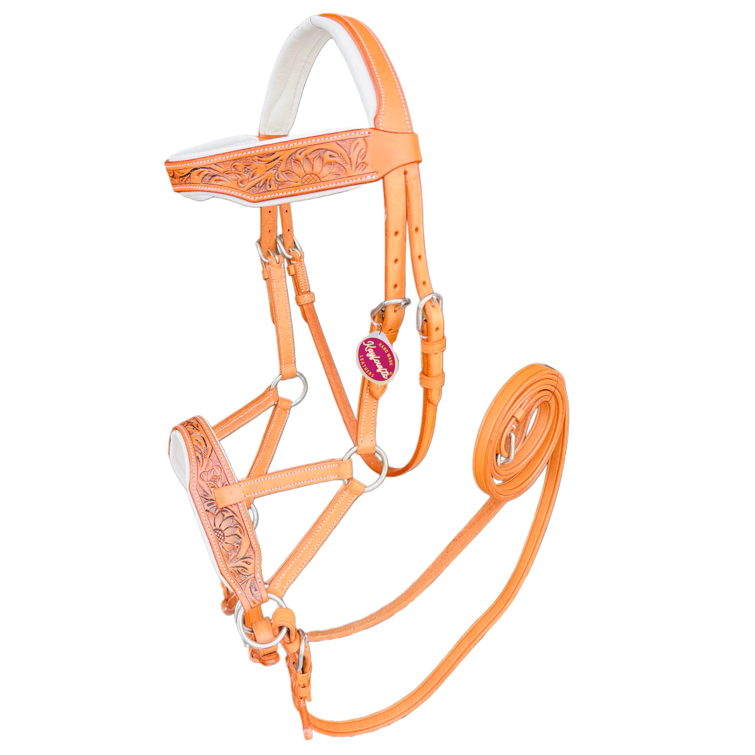 Kayfcrafts Oiled Leather Horse Side Pull Bitless Bridle Full Leather Reins (Tan & White, Full)