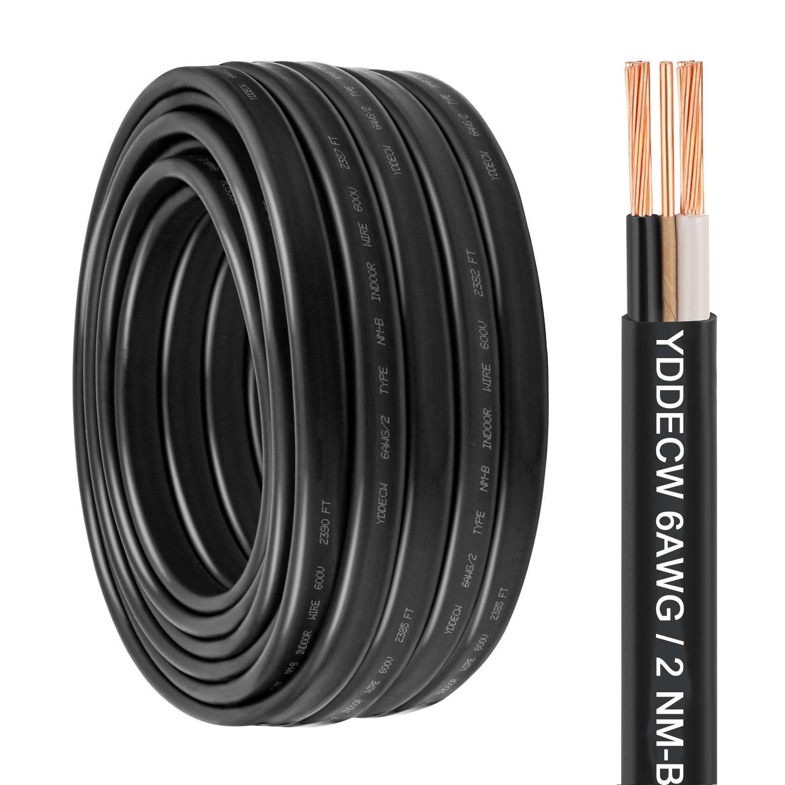 YDDECW 6/2 NM-B Wire with Ground - 75FT 6 Gauge Non-Metallic Sheathed Cable Pure Copper 6 AWG 2 Conductor Residential Indoor Wire for Outlets,