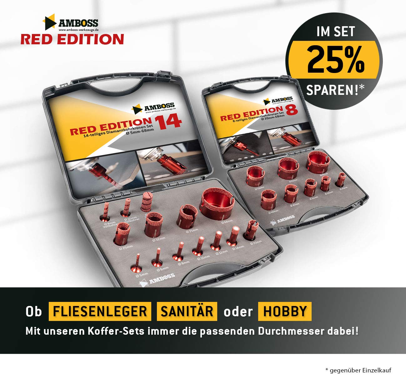 Amboss RED Edition M14 - Corona diamantata per smerigliatrice angolare in gres porcellanato, piastrelle dure, granito/corona di perforazione a secco ideale (Ø 50 mm)