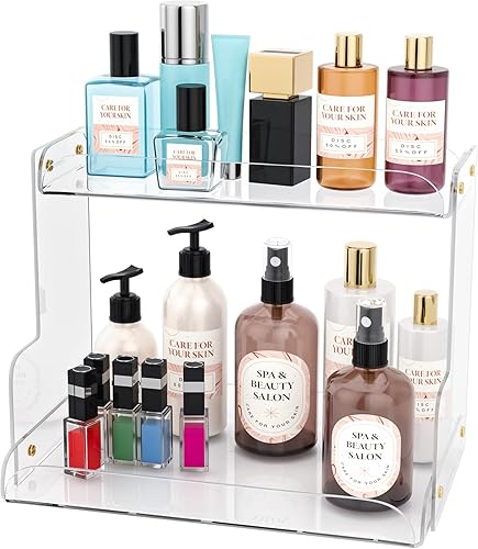 Miniatura 4 de Organizador acrílico de 2 niveles para encimera de baño, estante de esquina, bandeja de tocador, organizador de tocador para almacenamiento de