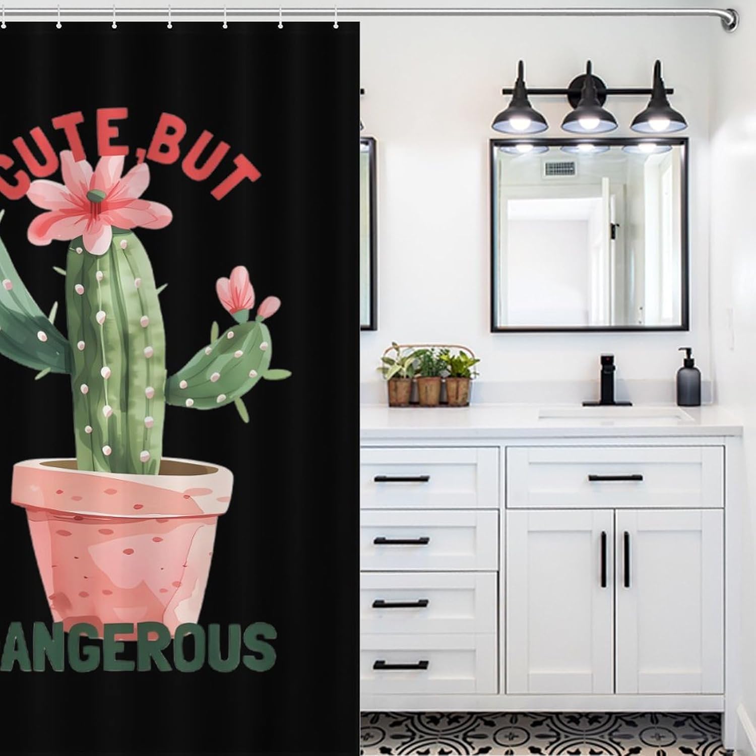 Cute But Dangerous Plants Cactus Funny Shower Curtains Washable Bath Curtain Liner with Hooks for Bathroom Bath Tubs