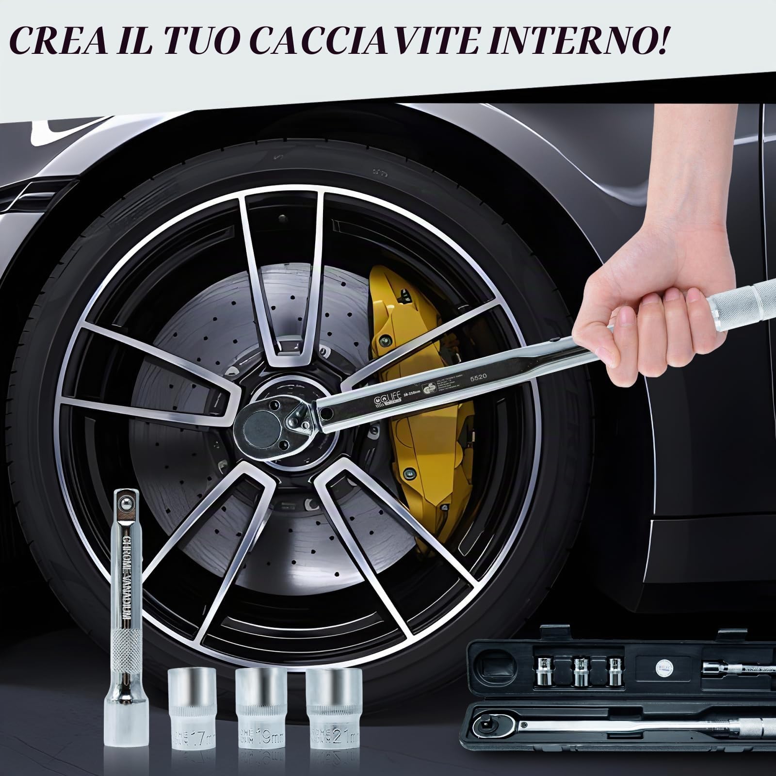 CCLIFE 6 Pezzi Chiave Dinamometrica, 1/2" 28-210 Nm Cr-V, Set di Chiavi Dinamometriche per Auto e Moto con Bussole 17mm 19mm 21mm e Barra di Prolunga 1/2'' 5''