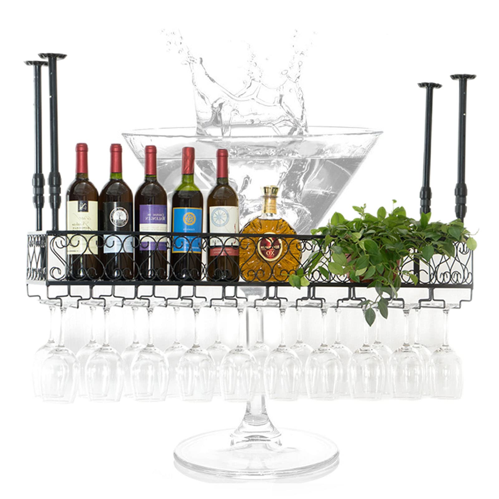 Support à verres à vin réglable de plafond et étagère de rangement métal