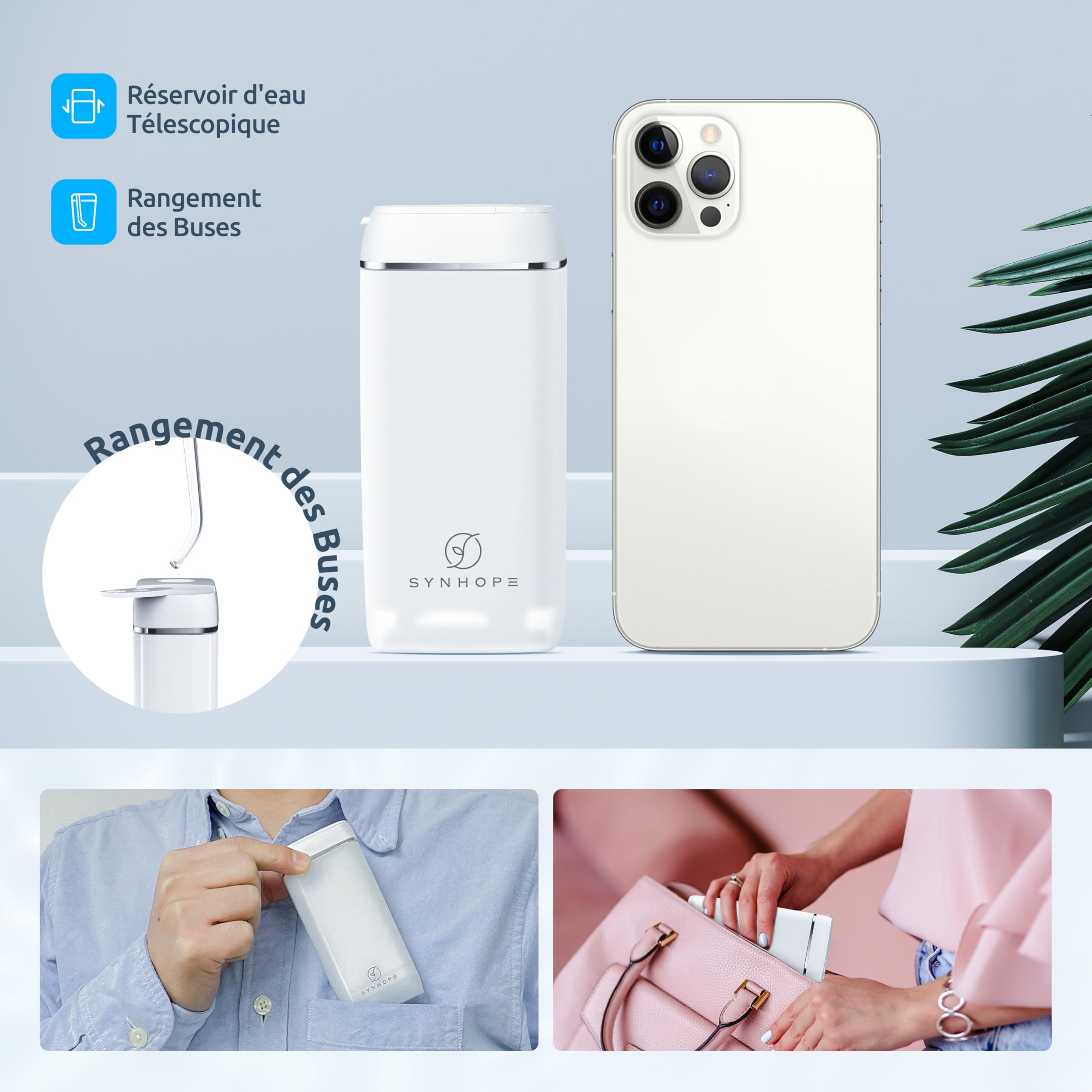 Mini Portable Hydropulseur Dentaire,Jet Dentaire de Voyage,Réservoir d'eau rétractable/IPX8 Étanche/3 Puissances Réglables Water Flosser,pour Voyage et Maison Soins Oral Irrigator
