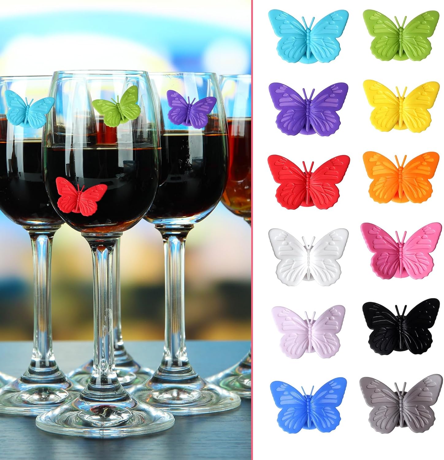 Nogeqi 12 Pcs Silicone Wine Glass Markers Butterfly Wine Charms for Stem Glass, Drink Markers Colorful Butterfly Drink Identifiers Tags for Cup Glasses Champagne Weddings Birthday Bar Parties