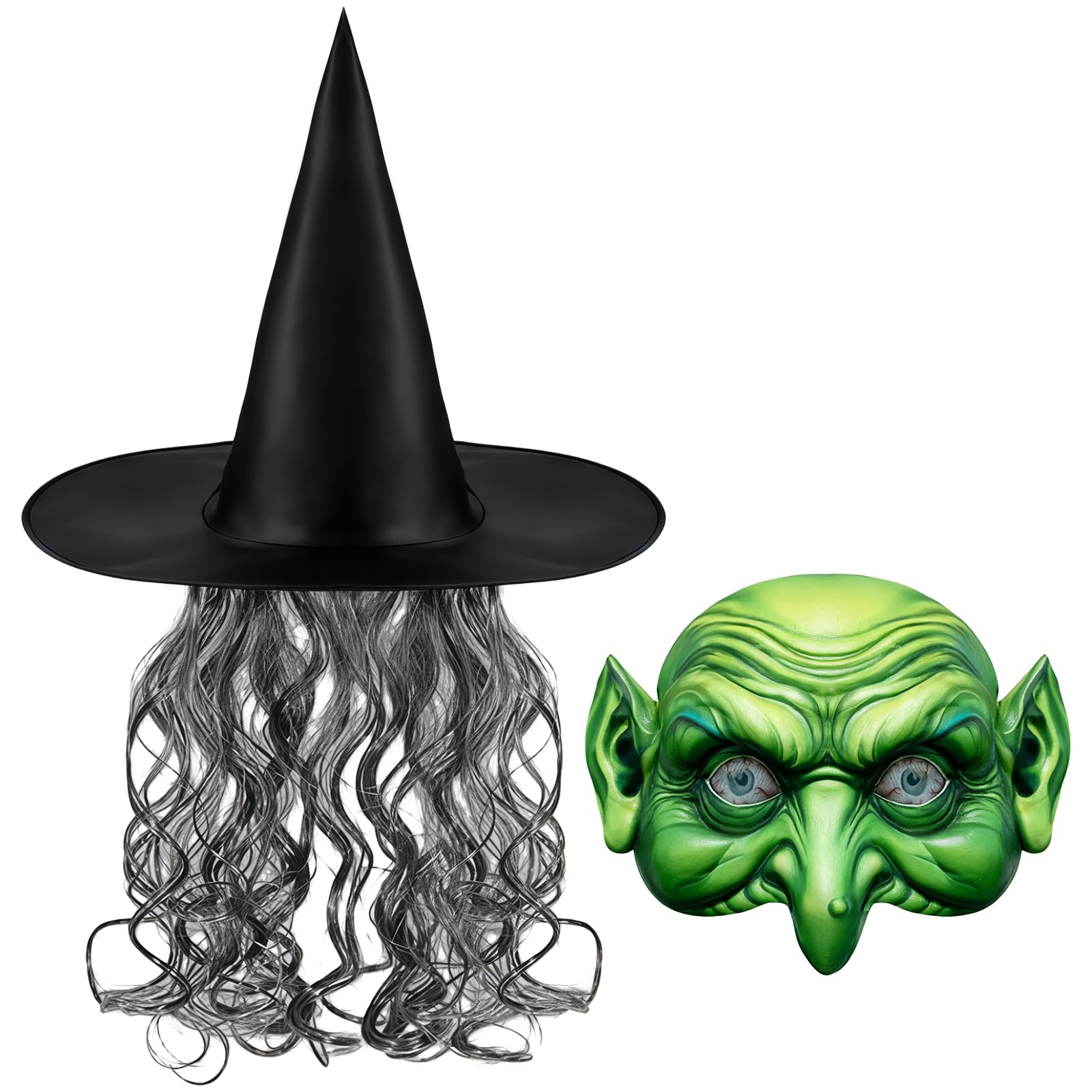 MEISH 2 Pcs Witch Hat with Hair Witch Mask Black Cap Wig Old Green Mask Wizard Horror Latex Headwear Scary Face Prop Realistic Halloween Costume for Fancy Dress Cosplay Carnival Accessories