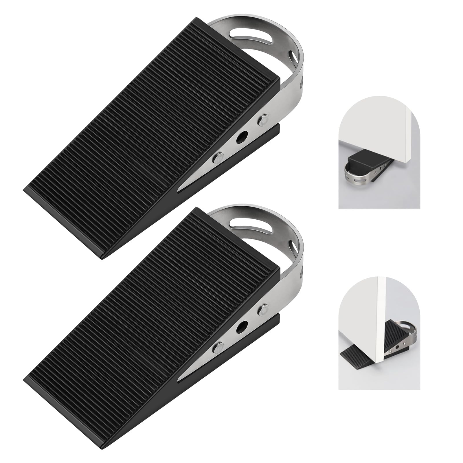 SUPAWAY Pack of 2 Door Wedge Rubber Door Stopper Wedge Mobile Door Buffer Black Door Protection Non-Slip Rubber Wedge with Stainless Steel Holders Scratch-Resistant Wedge for Bathroom Balcony Door