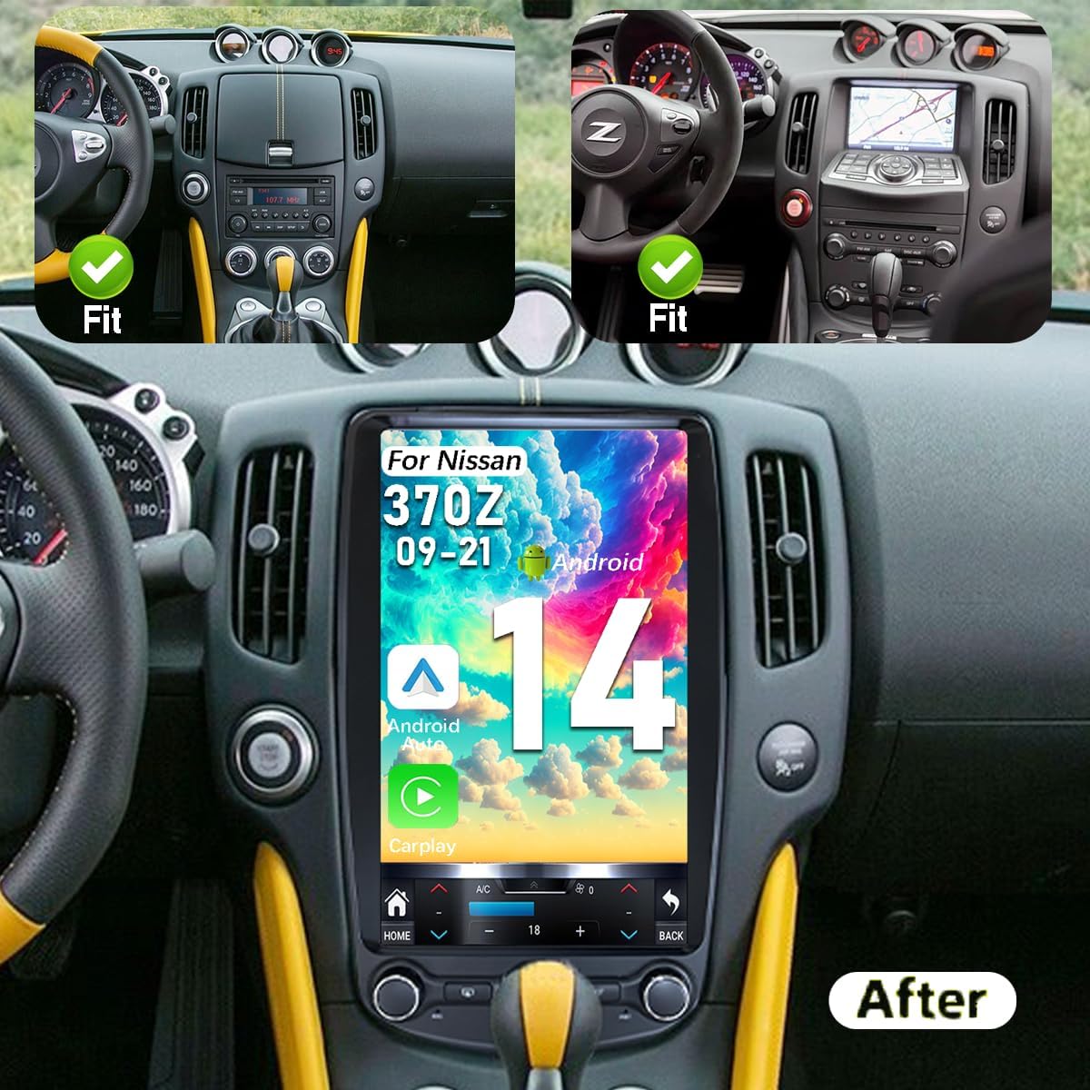 Upgrade Car Radio for Nissan 370Z 2009-2021 Car Radio Android 14 Stereo Replacement 13.8 inch Touch Screen 8core CPU Tesla Vertical Screen Style with Wireless Carplay & Android Auto (4GB+32GB)
