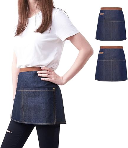 KPD Delantal de mezclilla con bolsillos, ajustable azul para cocina, barbacoa y jardín, delantal de trabajo para hombres y mujeres