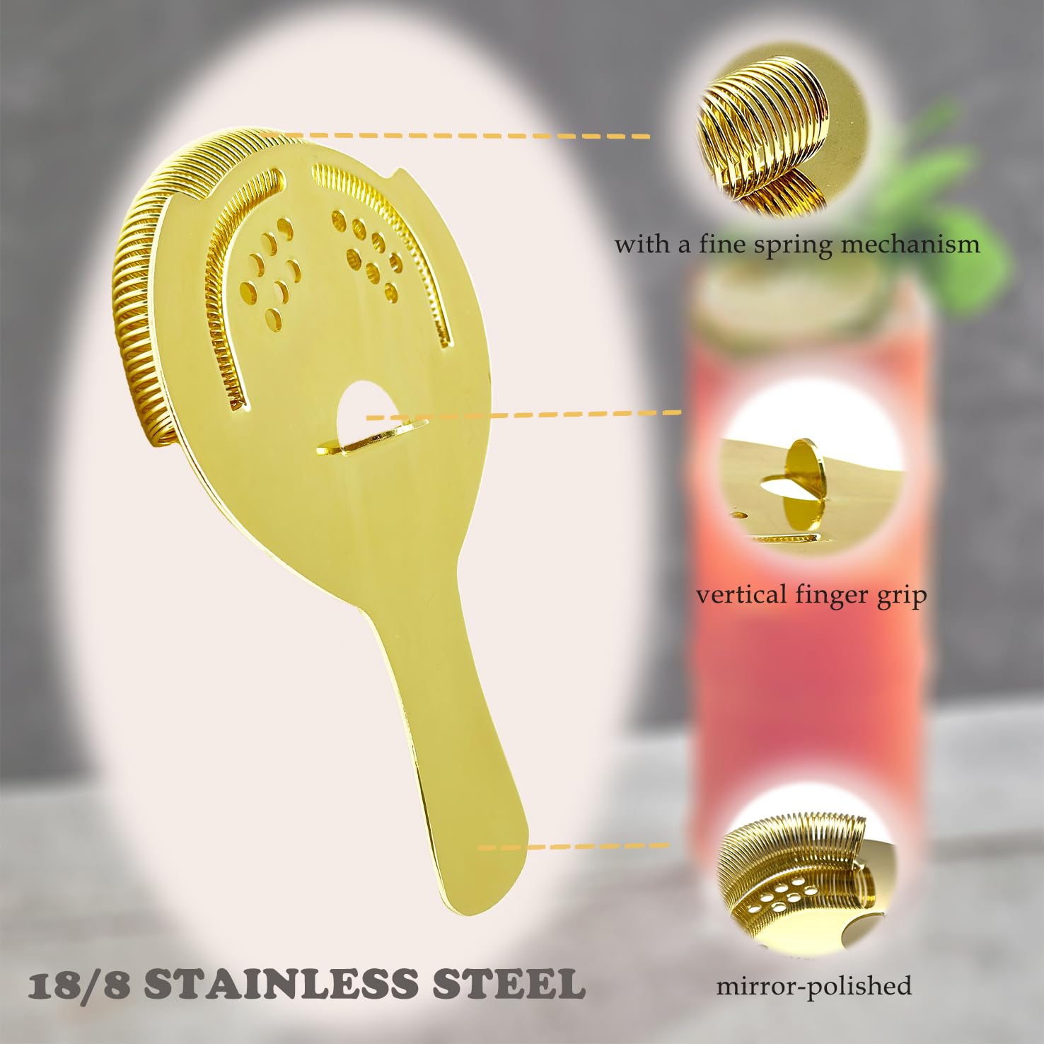 Colador de cóctel dorado para bebidas, colador Hawthorne de 2 puntas con resorte extraíble, acero inoxidable, colador de bartending 2