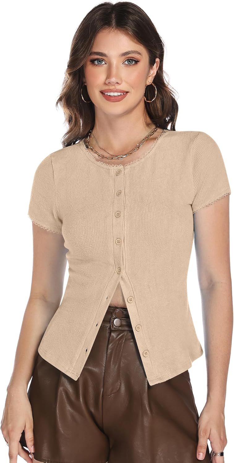 Micoson Button Down Shirts for Women Y2k Short Sleeve Ribbed Tops Lightweight Summer Cardigan Cute Trendy 2026 - Image 3