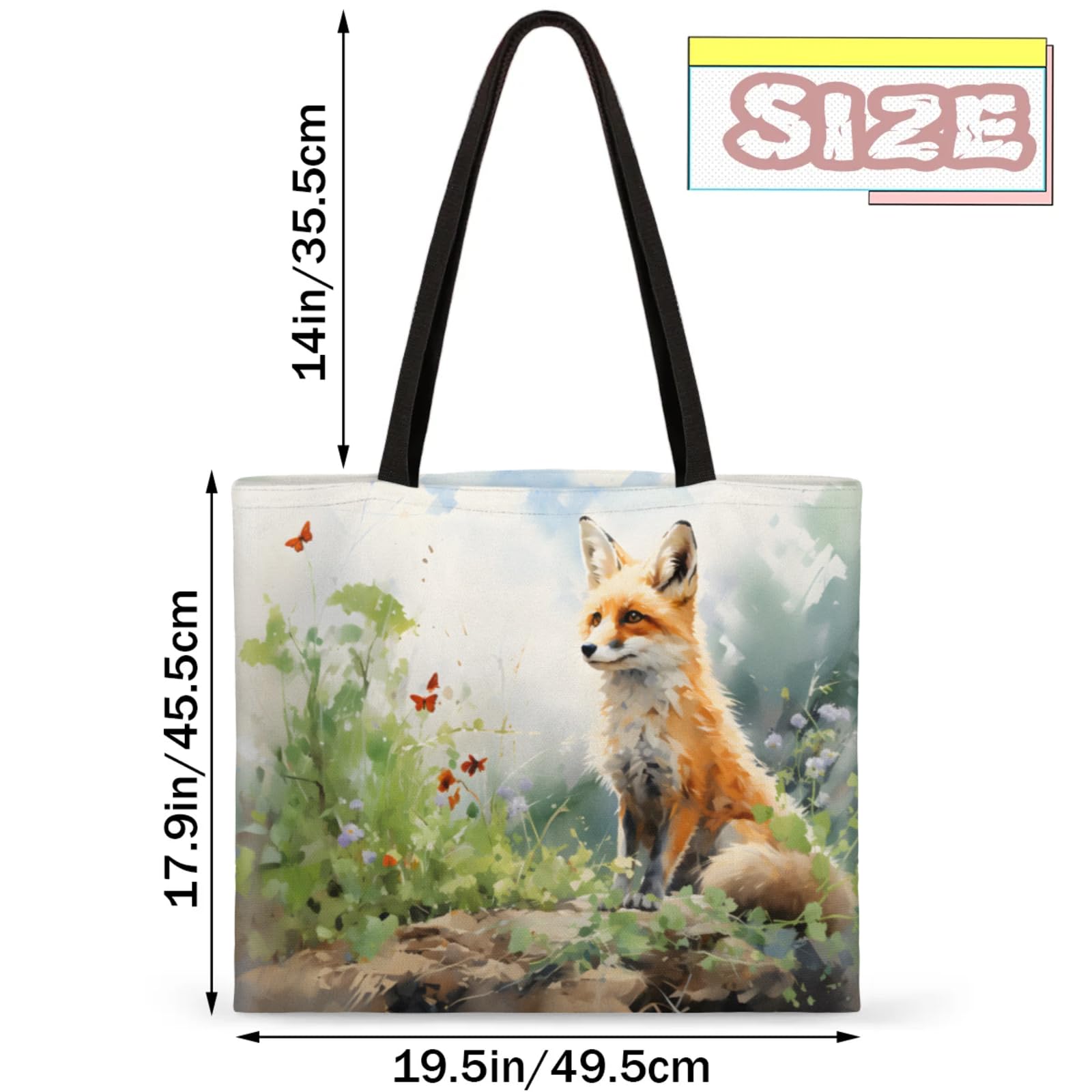 Mularoka Watercolour Fox Flower Butterfly Square Canvas Tote Bag Top Handle Purses Stylish Women Canvas Shoulder Tote Bags Reusable Handbags for Work Travel Picnic Beach Shopping Gym Hiking