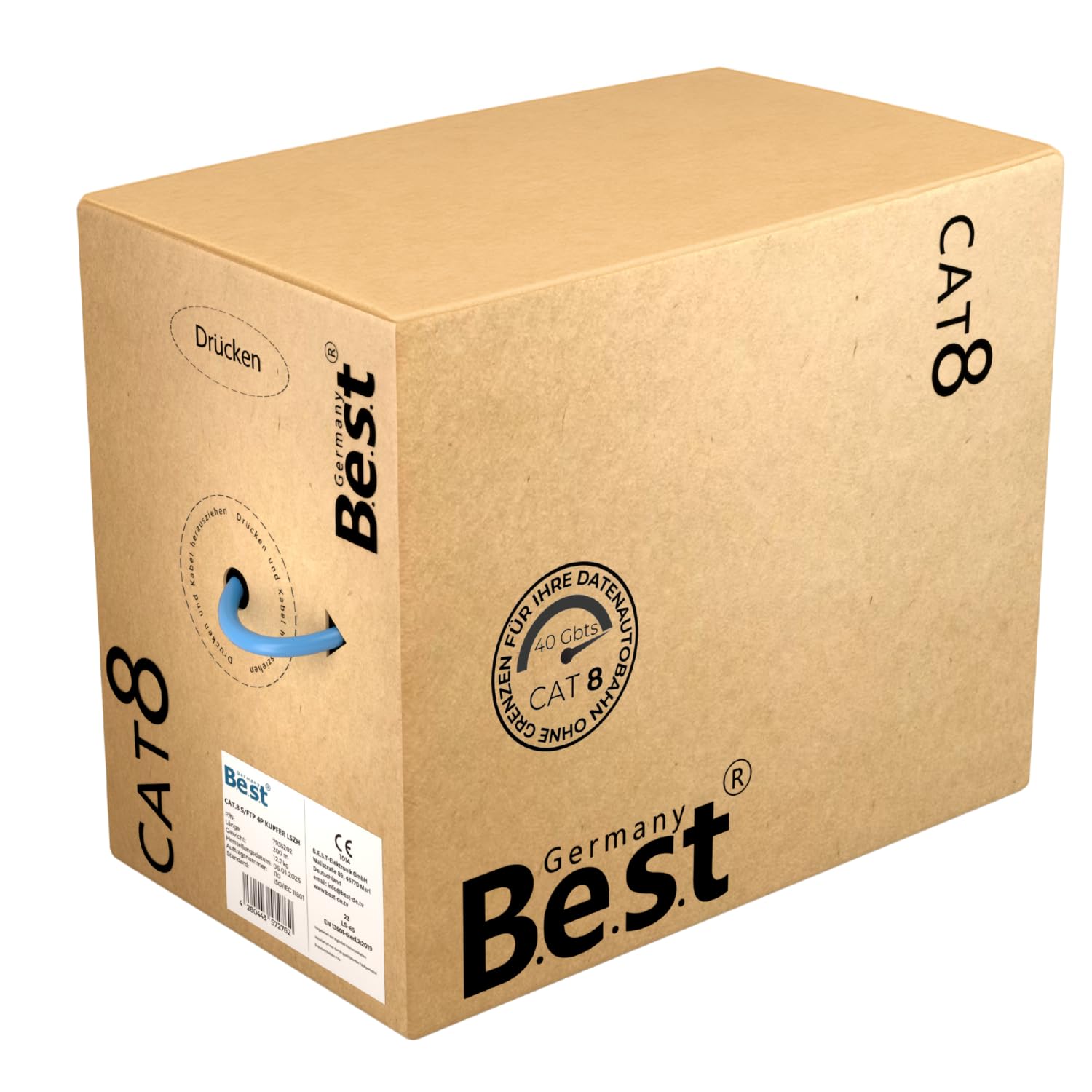Germany B.e.s.t Cable de red CAT 8, 200 m, sin halógenos, cable de instalación, 40 Gbit/s, cableado CAT8, cable de datos de red CAT8.1 LAN