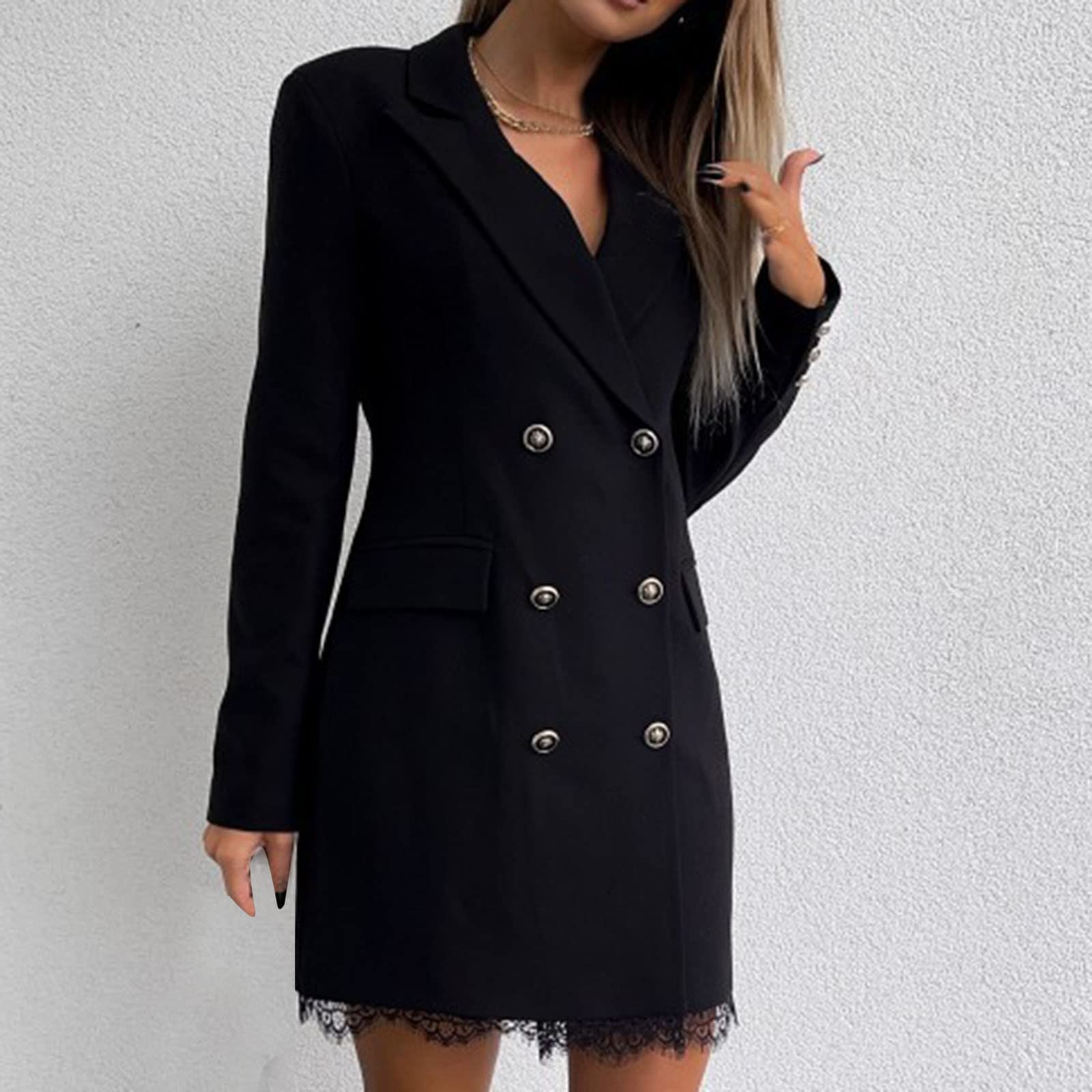 Damen Blazer Kleid Frauen Elegant Langarm V-Ausschnitt Zweireihig Solide Hemdkleid Business Lange Hülse Büro Jacken Knopf Anzug