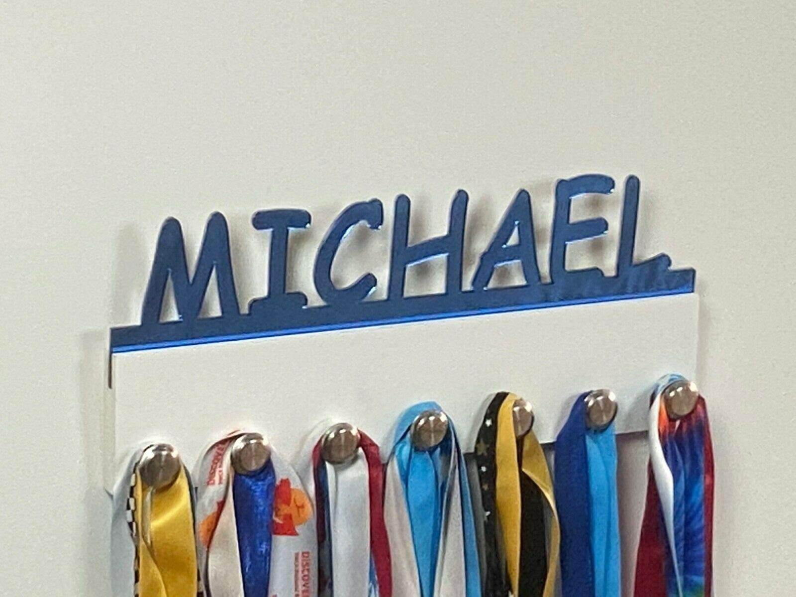 MIRROR MANIA Custom Personalized Name Medal Holder, Awards Display Hanger Rack with Hooks for 60+ Medals, Ribbons, Sports 16'' Wide, One of A Kind Made to Order with Your Name On It
