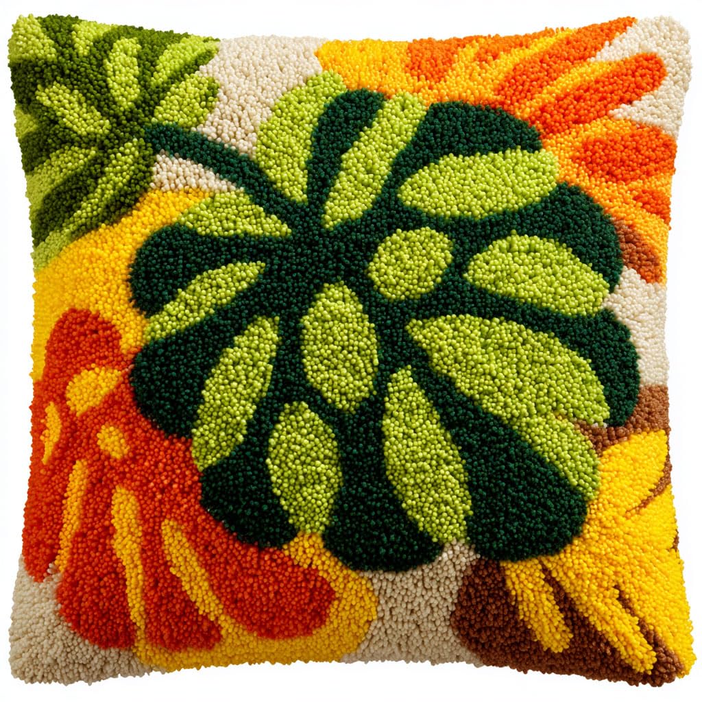 Ambattery Latch Hook Cushion Kits-C Latch Hook Pillowcase Embroidery Kit, Cartoon Leaves 43X43cm Pre-Printed Latch Hook Rug Cushion Cover Kits For Adults Cross-Stitch Embroidery Cushion Kit