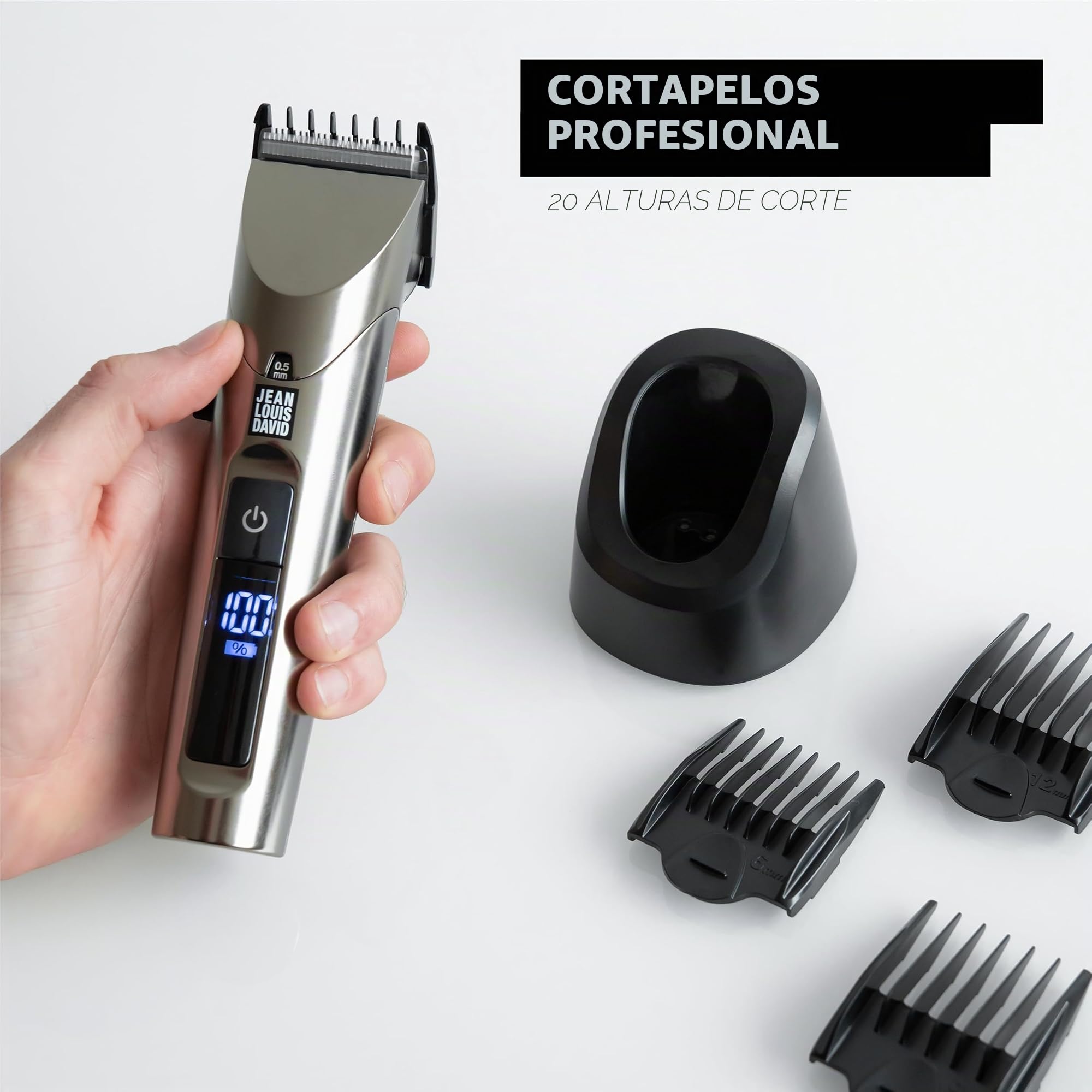 Jean Louis David - Cortapelos Infinite Styler 4 en 1 - Cuchillas Anchas 37 mm - Cabeza, Nariz, Orejas - Peine Ajustable 10 Alturas - Preciso para Barba, Bigote y Cabello - Uso Inalámbrico