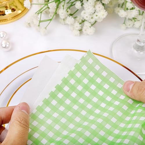Miniatura 6 de WDF Paquete de 150 servilletas a cuadros verdes  3 capas desechables de color verde y blanco, servilletas de cena, toallas de mano de papel para
