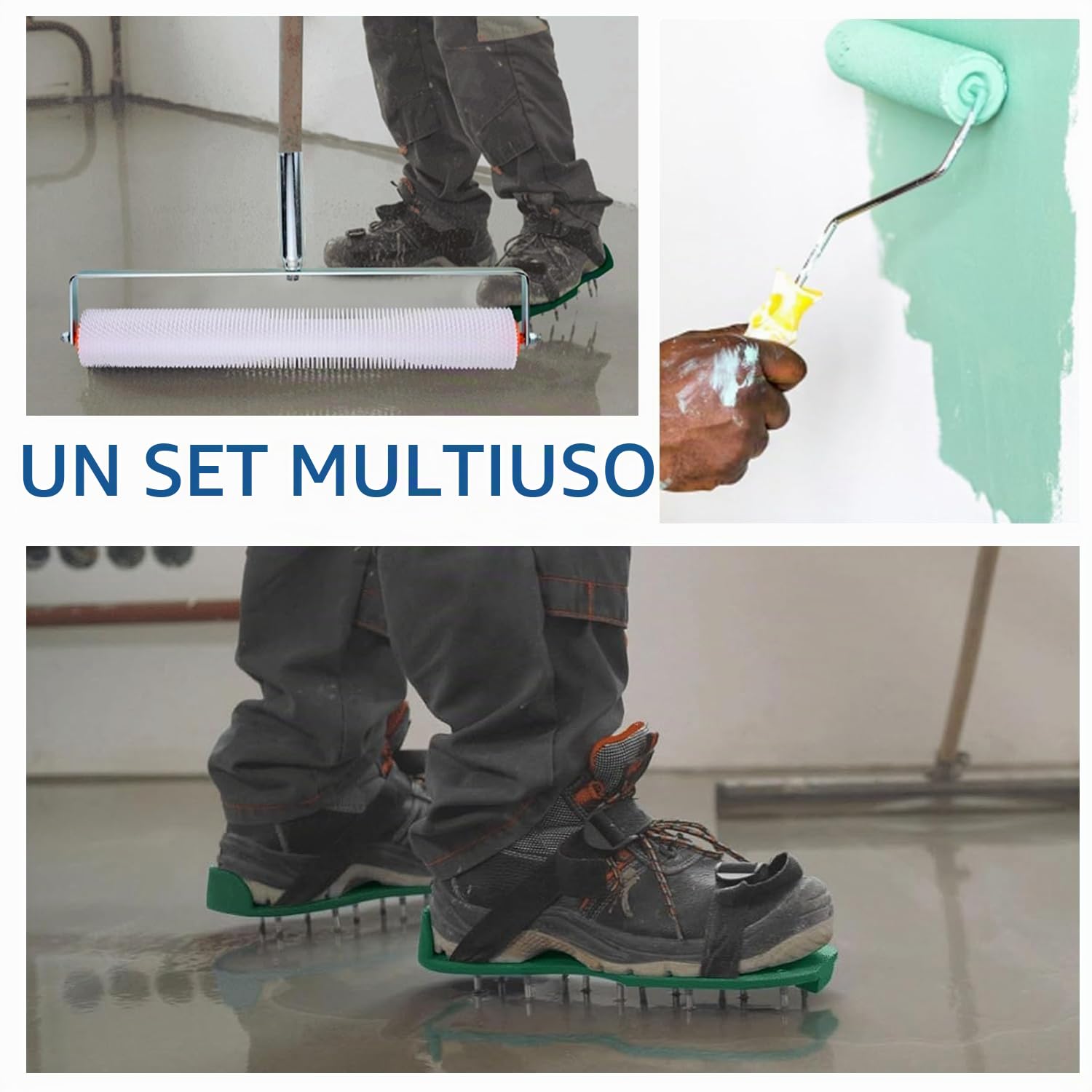 Kit Profesional para Autonivelación de Cemento y Epoxi - Incluye Rodillo Desgasificador 11mm, Zapatos de Púas 30mm, Rascador Acero Inox, Palo Telescópico 162cm (6 Herramientas)