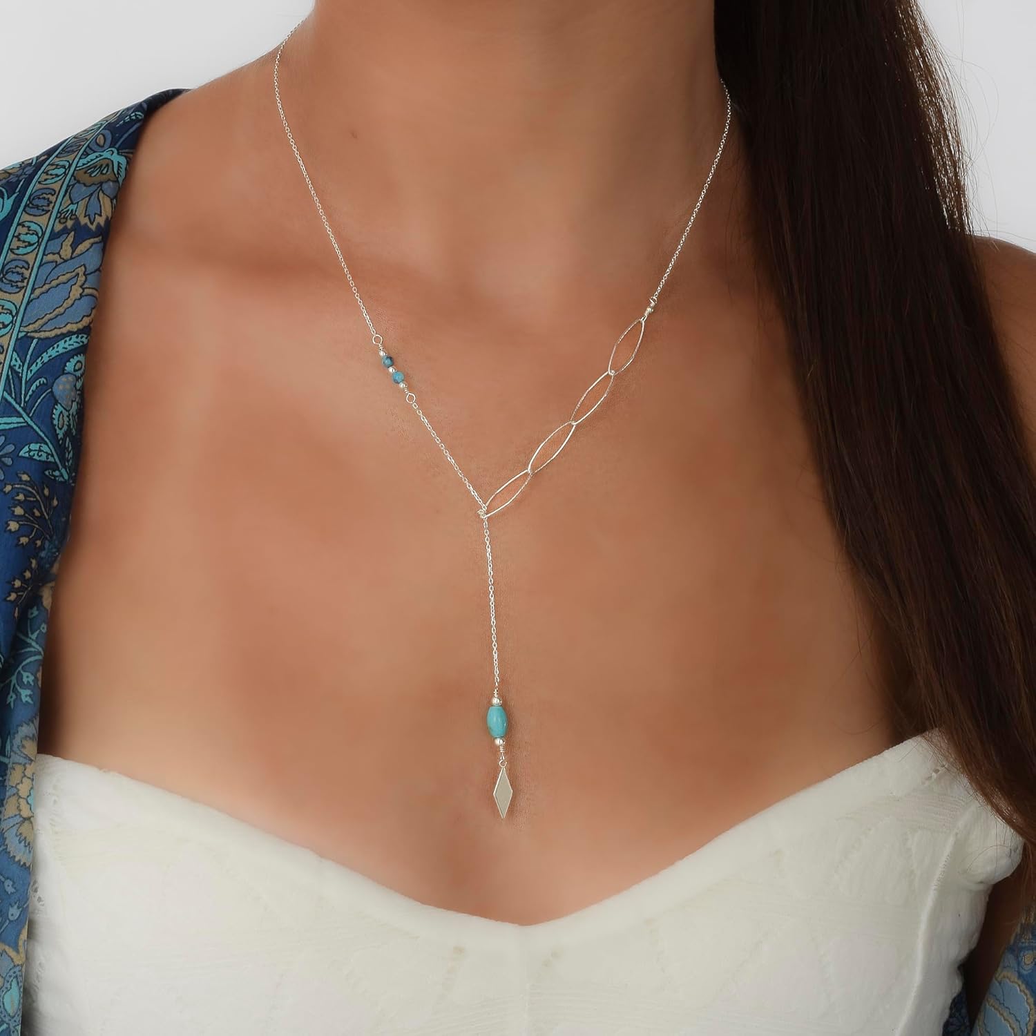 Annika Bella Turquoise Lariat Necklace - Long Drop Y Necklace, Turquoise Jewelry for Women, Oval Links Chain, Adjustable 925 Sterling Silver/Gold Chain - Image 4