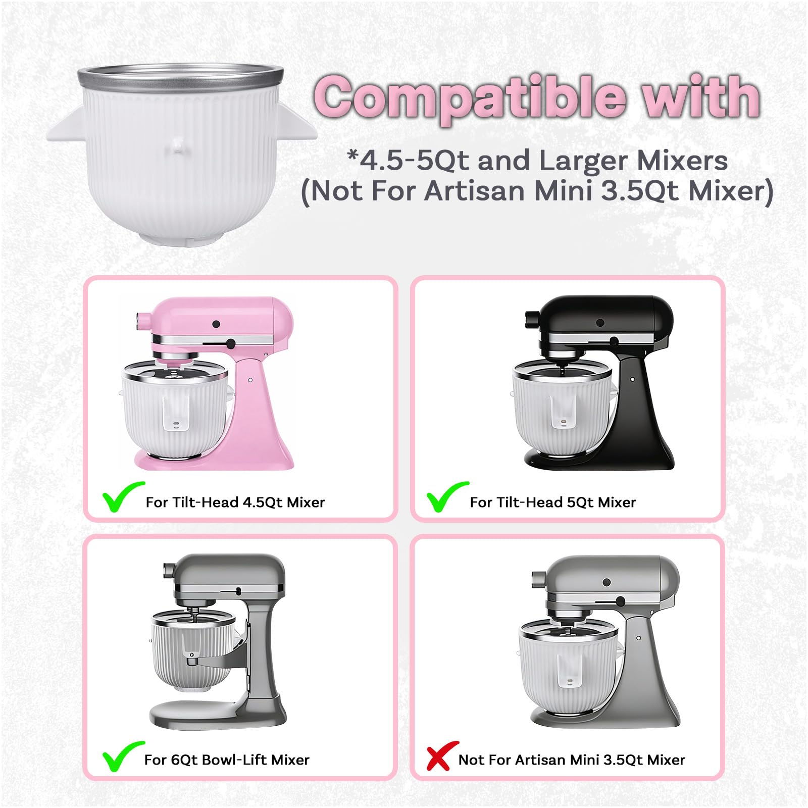 Przystawka do Maszyny do Lodów do KitchenAid Miksera Stojącego – Do Modelami 4.5QT, 5QT i 6QT Tilt-Head oraz Bowl-Lift – Miska – 1.9L do Mrożonych Desserów, Sorbetu, Gelato i Mrożonego Jogurtu