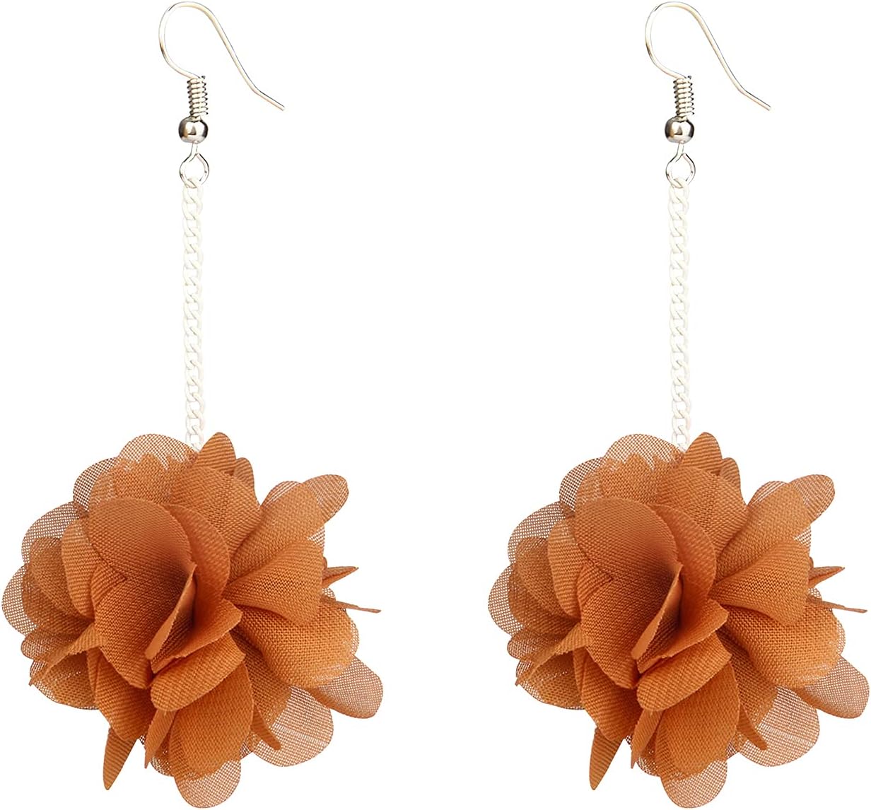 Bohemian Big Fabric Flowers Dangle Drop Earrings Multicolor Handmade Lightweight Charm Chic Petal Hoop Earrings with Chiffon Floral Tassel for Women