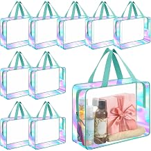 Sweetude 10 Pcs Large Clear Toiletry Bag with Handle Large Capacity Travel Iridescent Beach Makeup Bag PVC Clear Plastic Tote Punch Cosmetic Clothes Storage Organizer for Women Men Turquoise