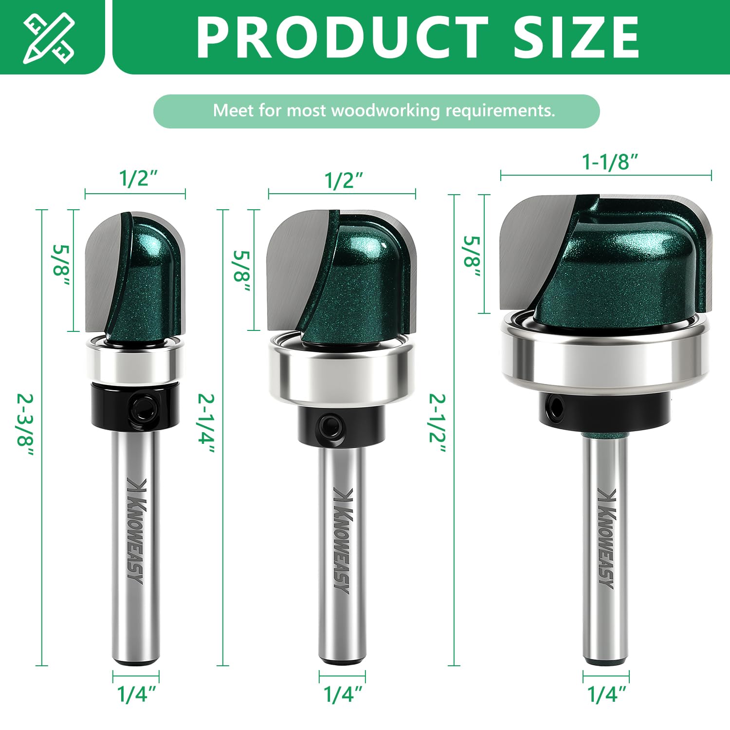Knoweasy 3-Piece Bowl and Tray Router Bit Set with 1/4-Inch Shank, Carbide Tipped Round Nose Bits with Bearings for Juice Grooves, Includes 1/2, 3/4 and 1-1/8 Inch Sizes for Woodworking