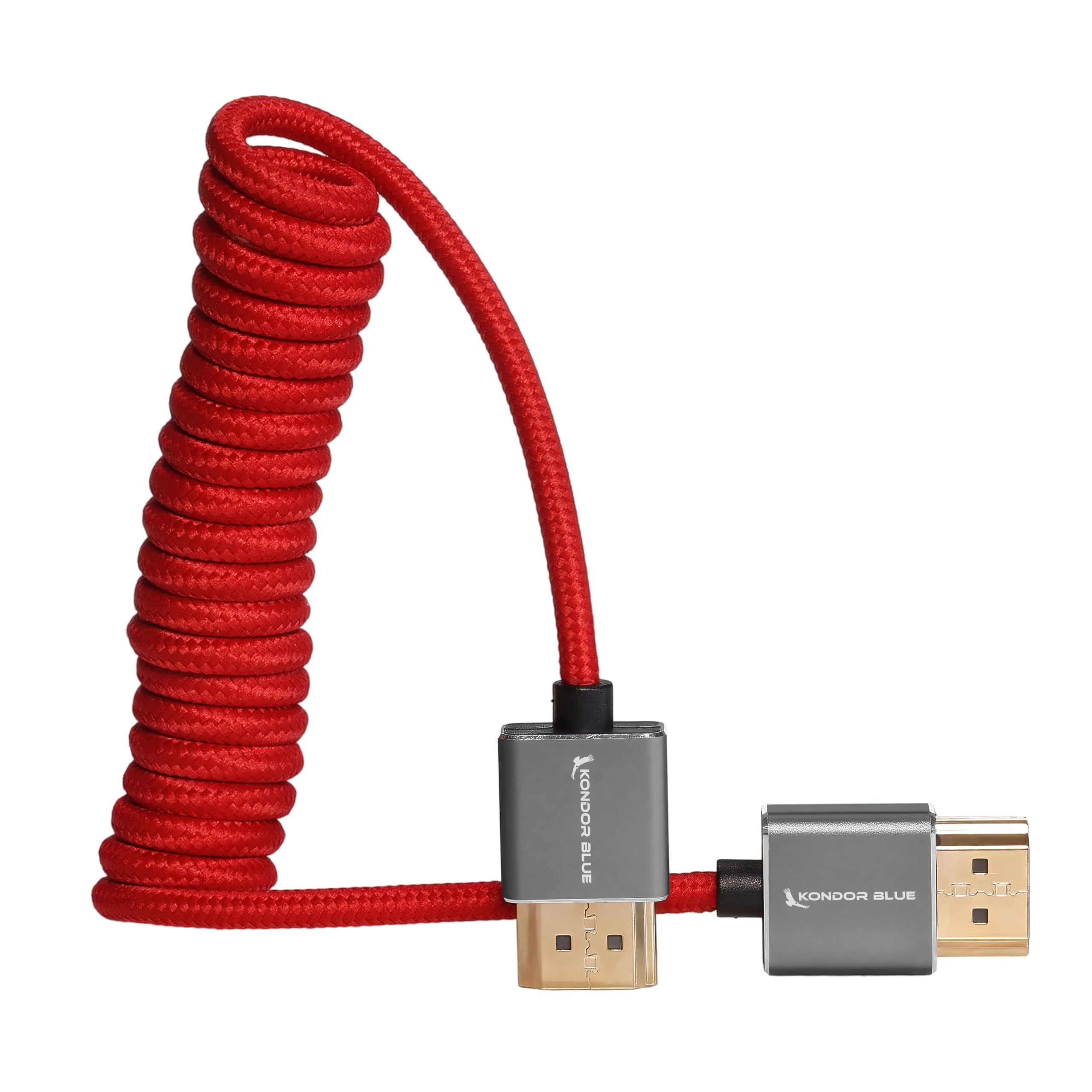 KONDOR BLUE 4K HDMI to HDMI Thin Short Coiled Braided Cable for On-Camera Monitors, Capture Cards + More | 4K/60hz | 18Gbps 3D HDR MetaData | 12" ~ 24" Inch | Red