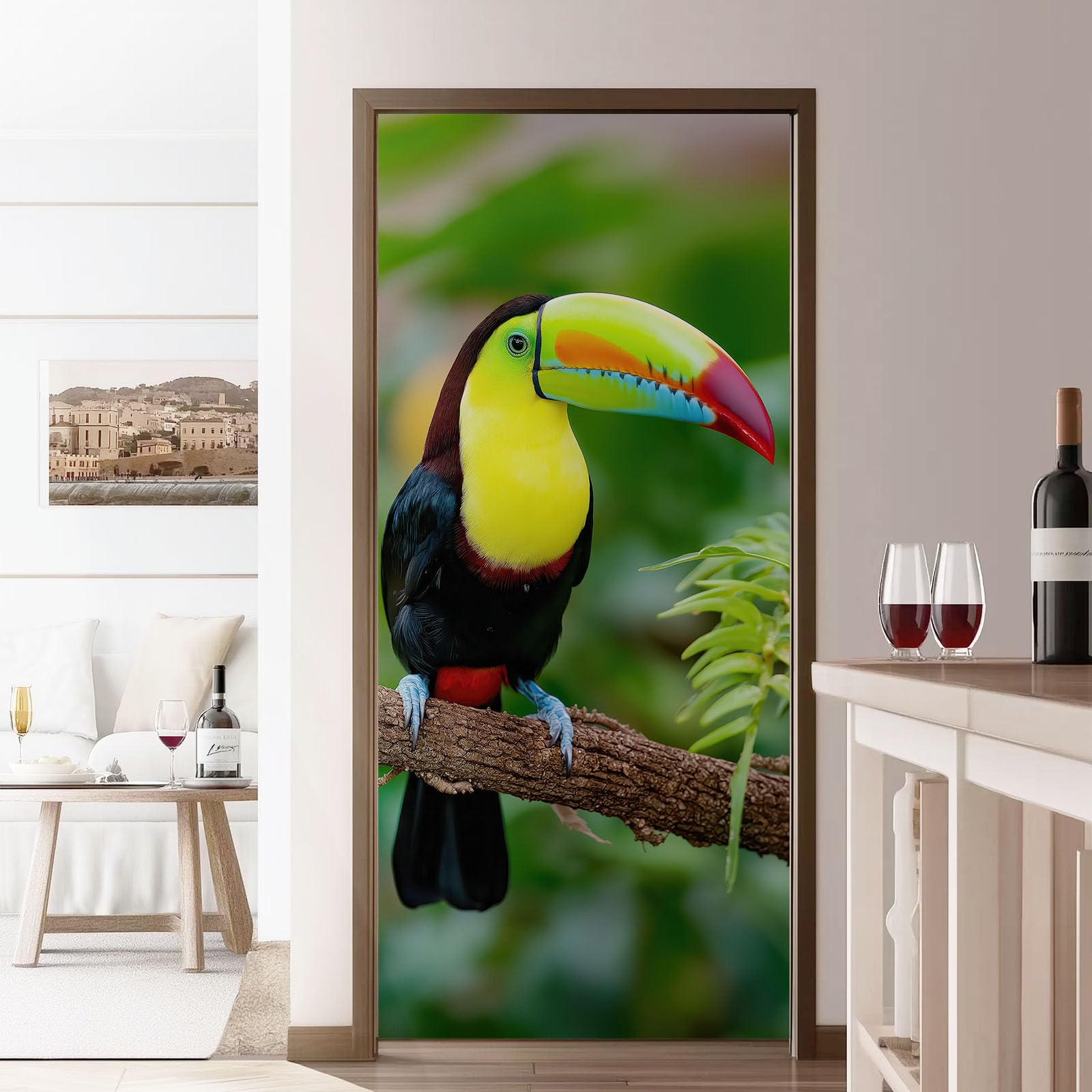 Papel pintado autoadhesivo para puerta de animales, tucán, fotografía 3D, póster para puerta, adhesivo botánico de rama de árbol impermeable, lámina de vinilo para puerta, verde extraíble, póster