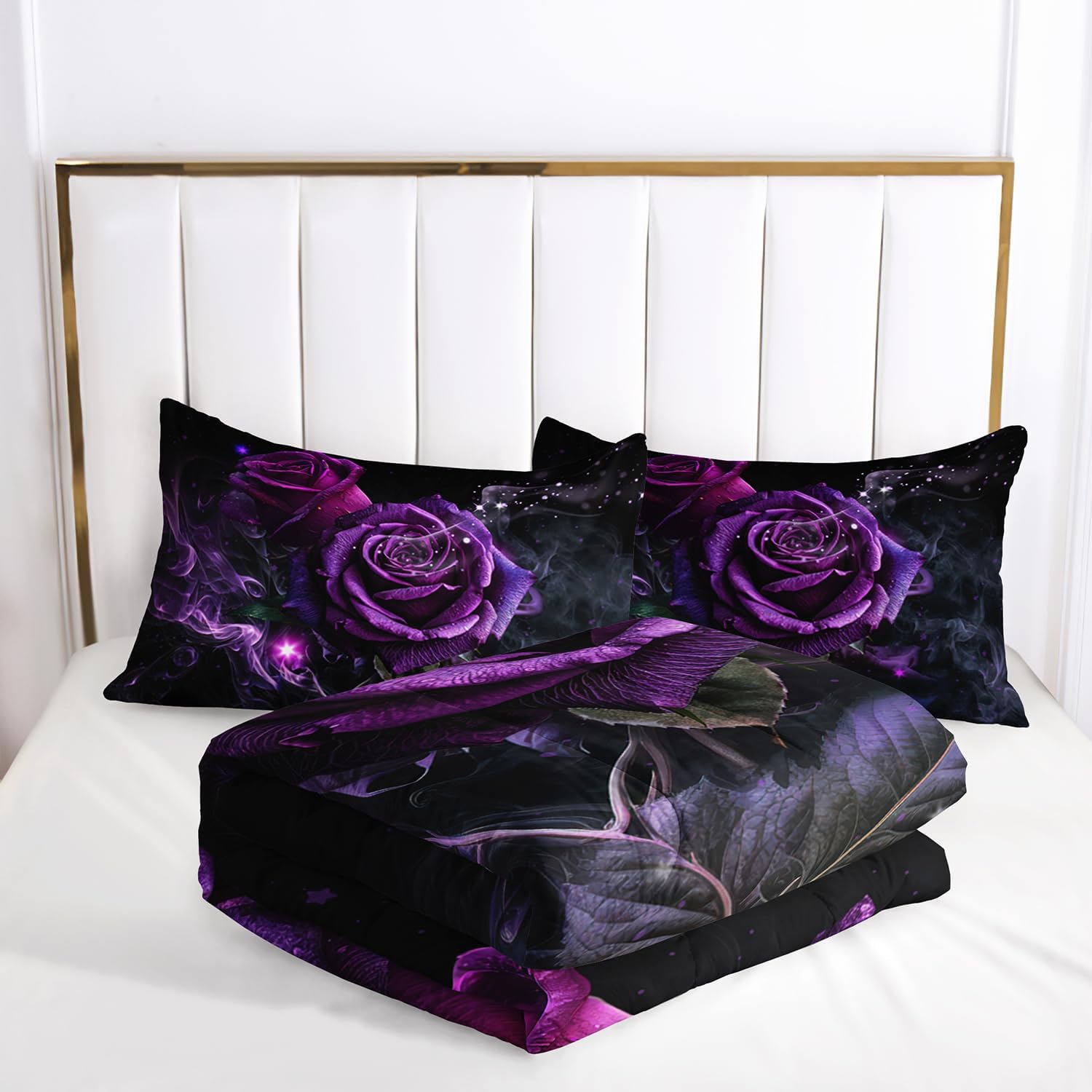 AILONEN Purple Rose Comforter Set Queen Size, 3D Oil Painting Purple Rose Bedding Set for Girls Couple Lover,Romantic Flowers Bed in a Bag 3 Pcs,1 Quilt and 2 Pillowcases,Soft Microfiber - Image 5