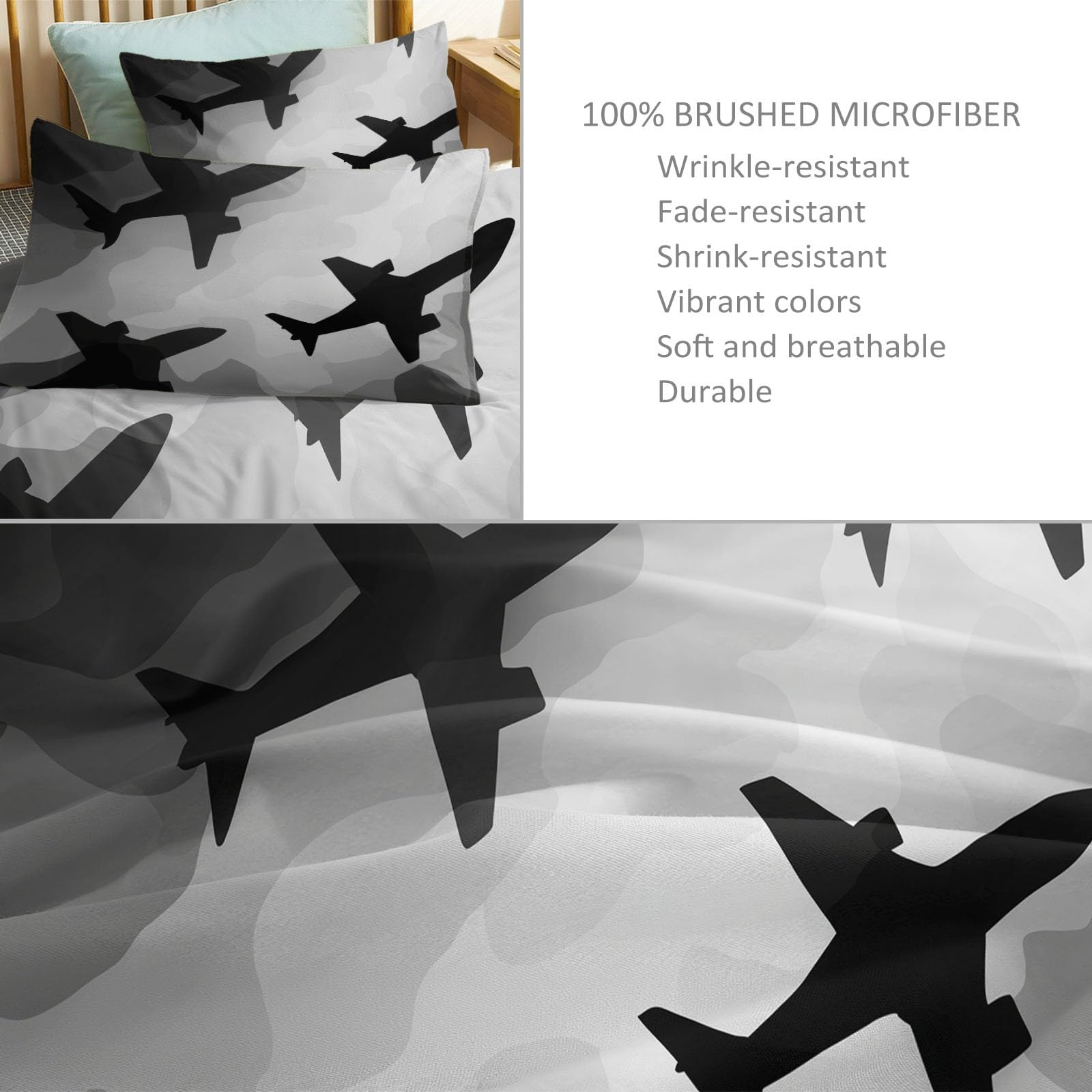 Generisch Pościel 155 x 220 cm, zestaw 3 szt. – miękka szczotkowana mikrofibra, jasnoszara pościel dwustronna dla młodzieży, dla dzieci, łóżko pojedyncze, wojskowa, kamuflaż, siły powietrzne, poszewka