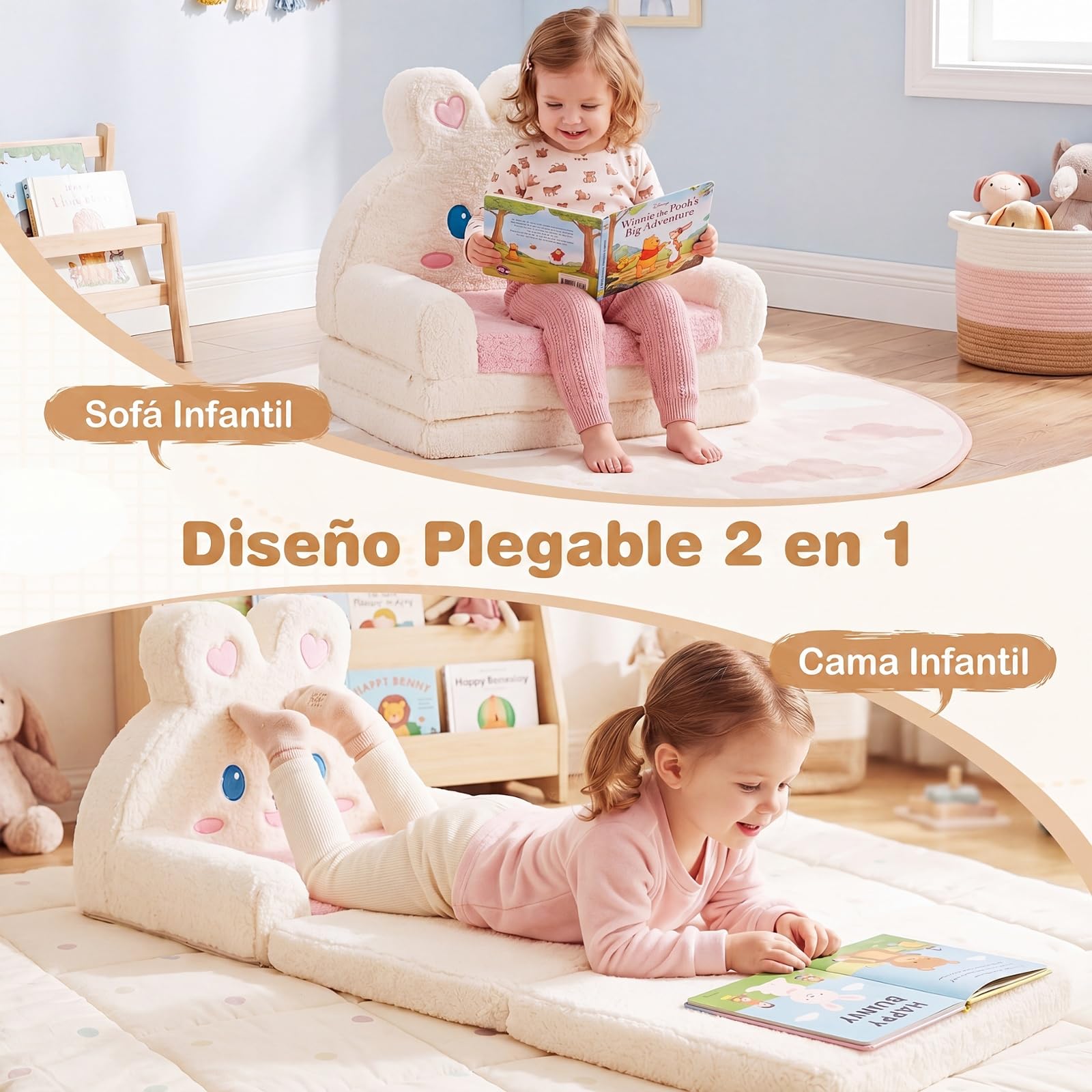 COSTWAY Sofá Infantil Plegable 2 en 1 (Conejo,Rosa) | Sillón Convertible para Niños con Funda Desmontable, Bolsillo de Almacenamiemto, Tumbona de Felpa para 18-36 Meses