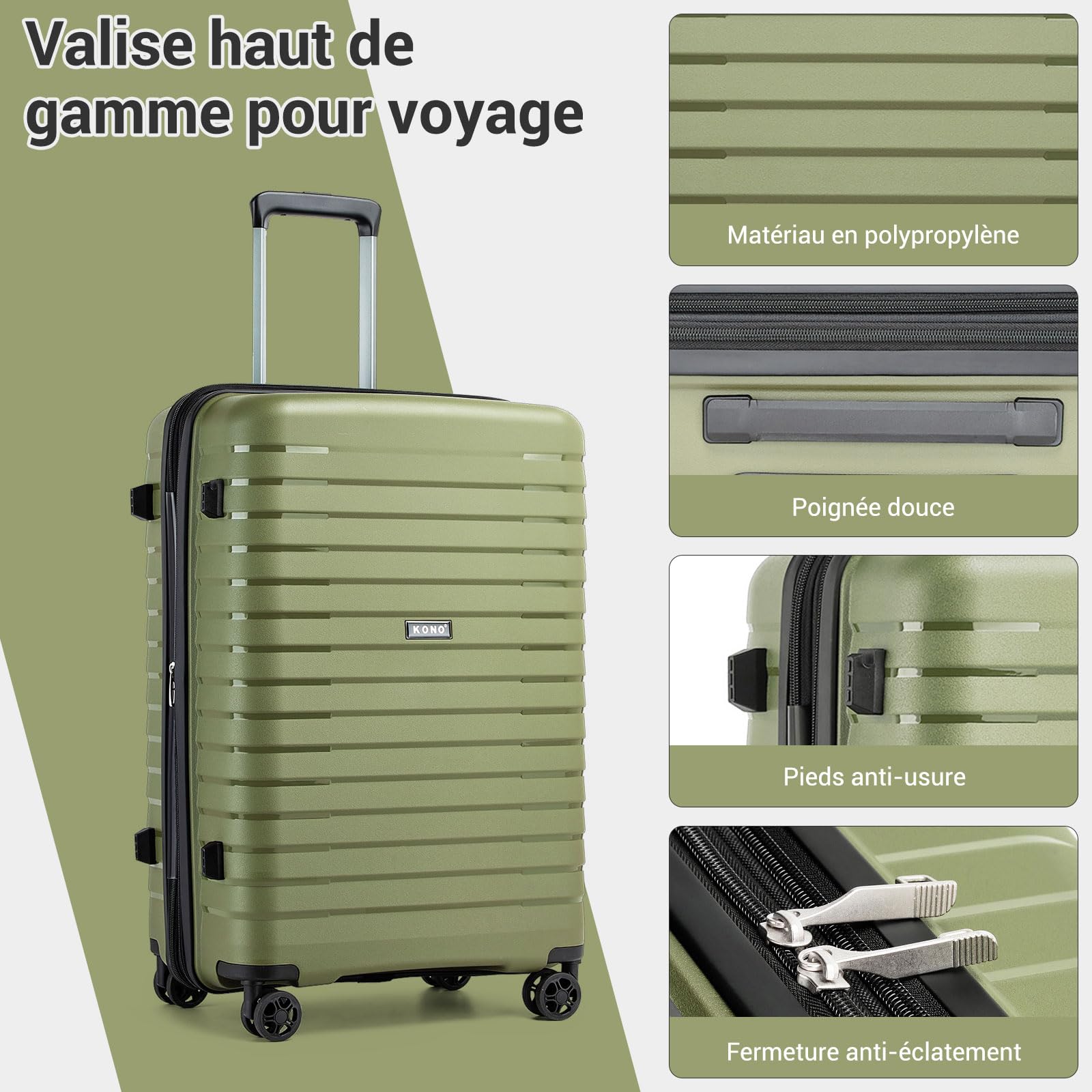 Kono Valise 76 cm Rigide PP Grande Taille - Trolley Extensible Léger 28 Pouces, Roues 360° TPE, Porte-gobelet Pliable et Serrure TSA, (28", Vert)