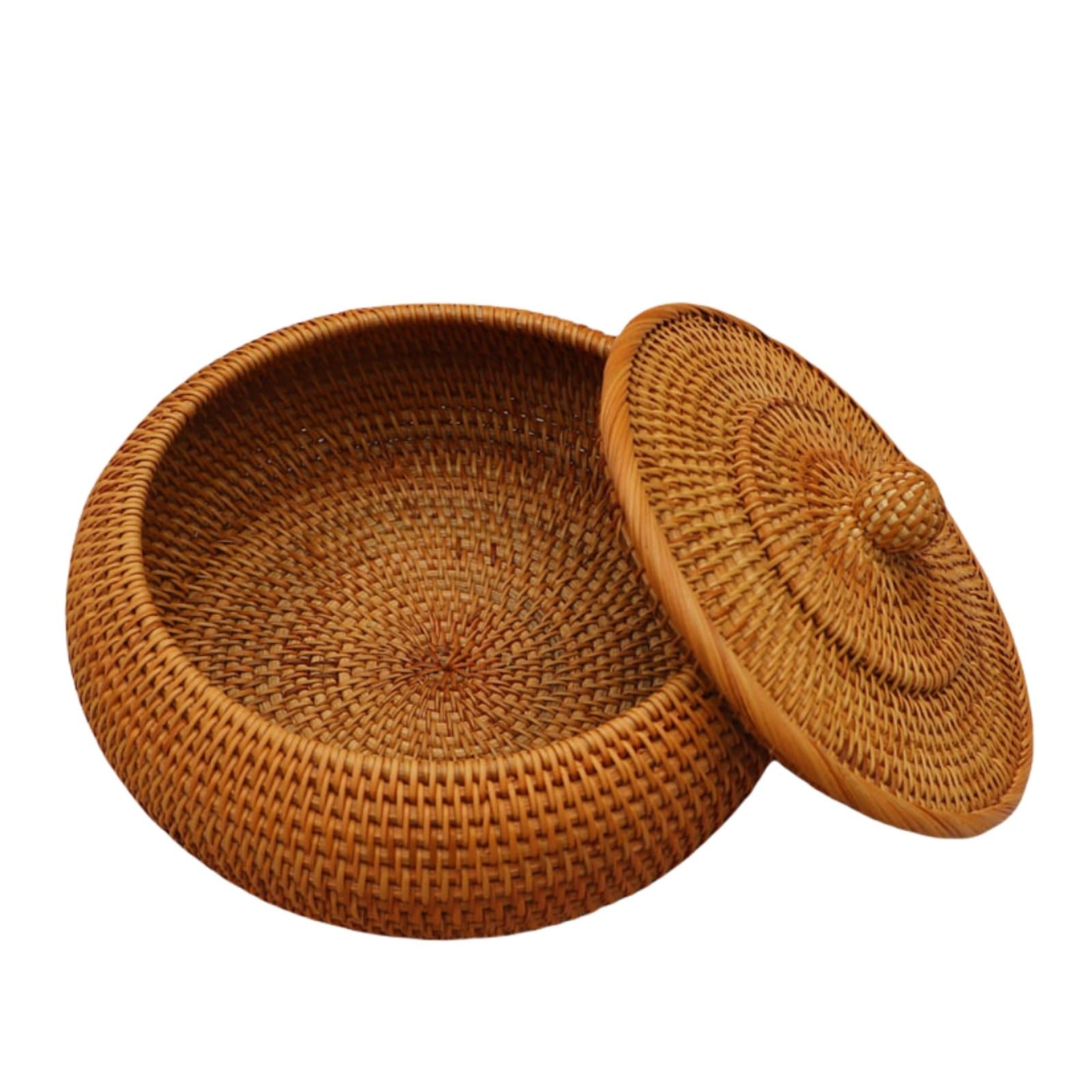 LOJAX Natural rattan basket, round wicker basket with lid, picnic and storage, basket with lid, picnic basket, rattan coffee table fruit basket