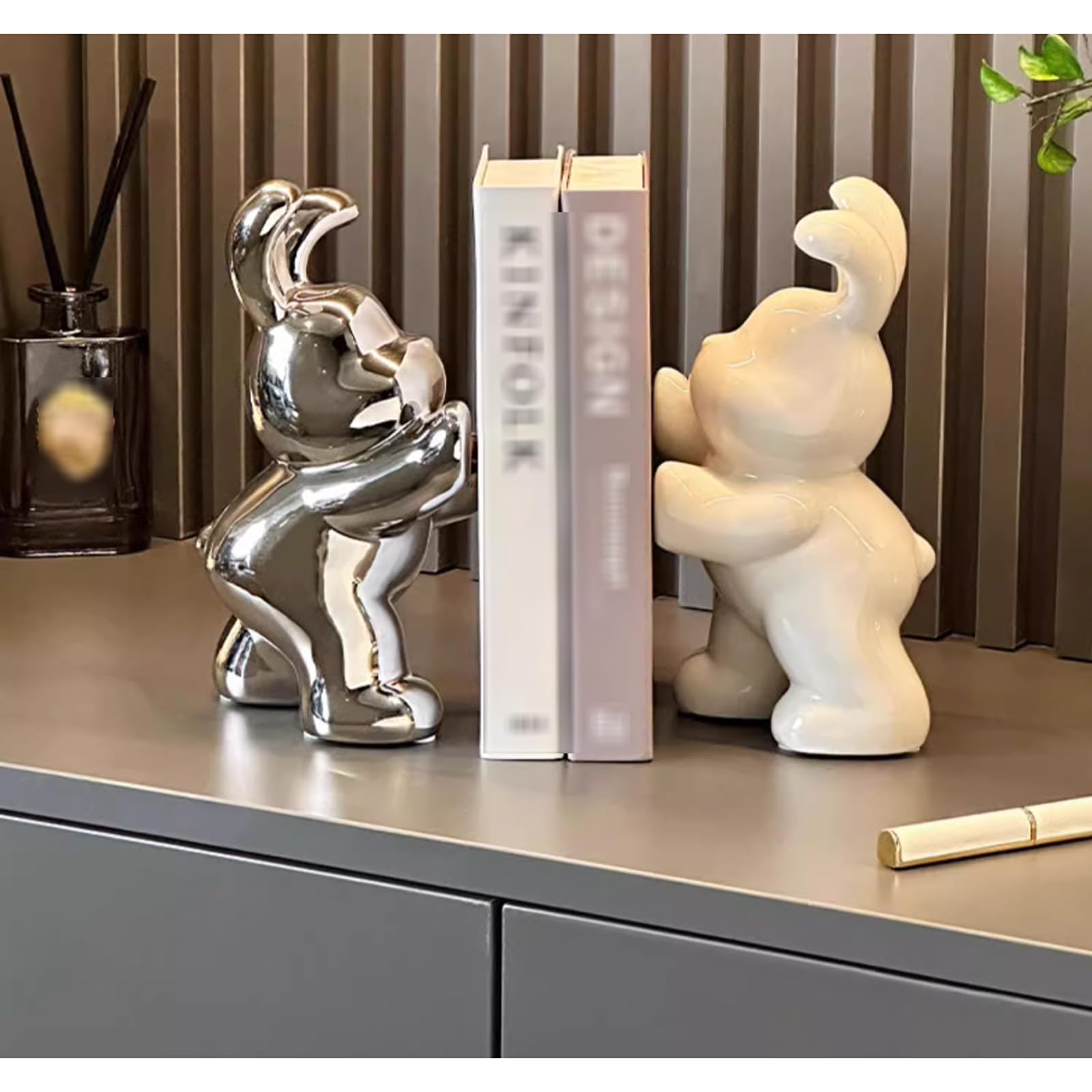 Kreatywne podpórki do książek w kształcie królika na półki 2 szt. Ceramiczne Nowoczesne dekoracyjne stojaki figurki zwierząt(Silver)