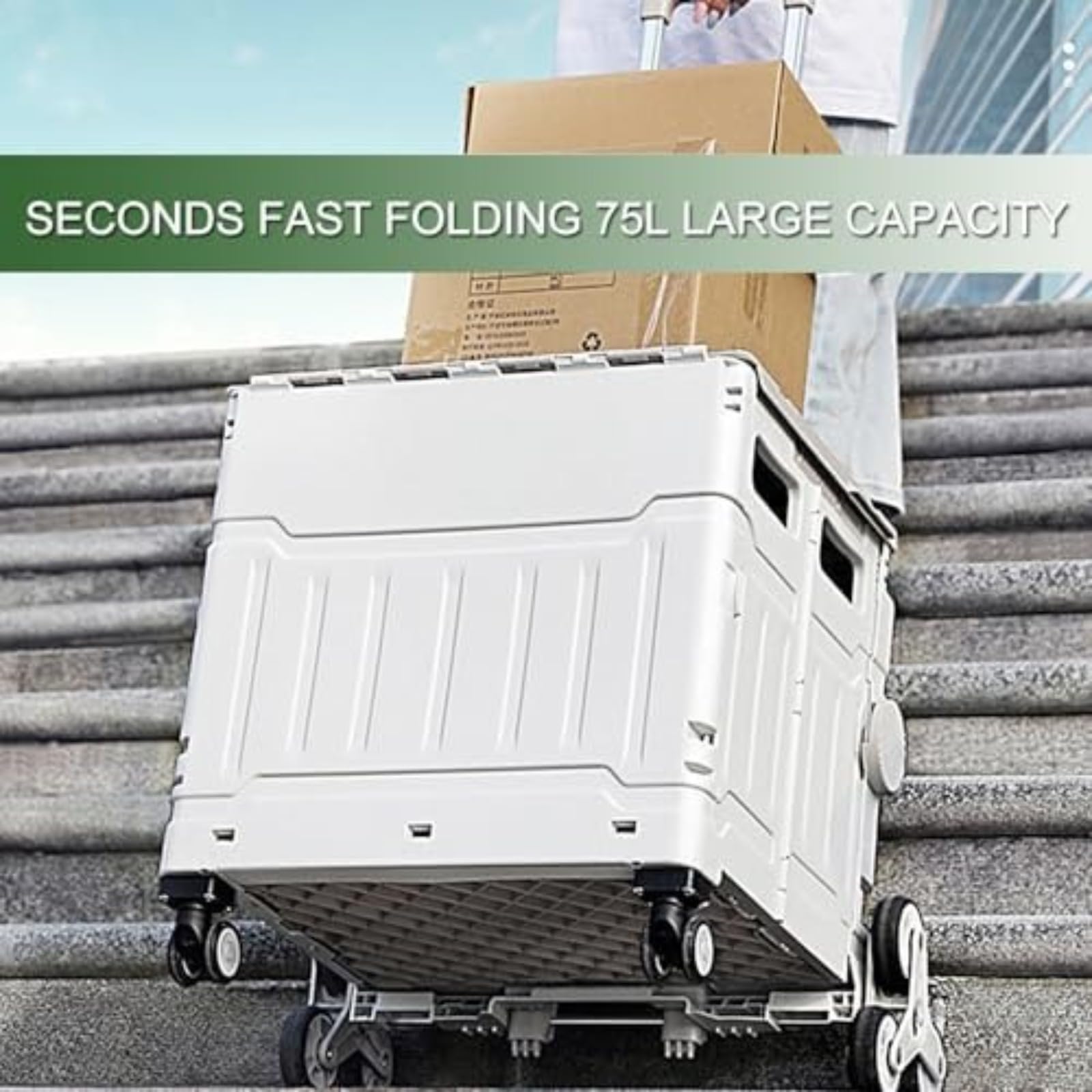 Caisse pliante à roulettes, boîte de rangement pour escalier 75 L, design à 8 roues, pliage rapide à plat, tige de traction réglable en hauteur, couvercle rabattable scellé