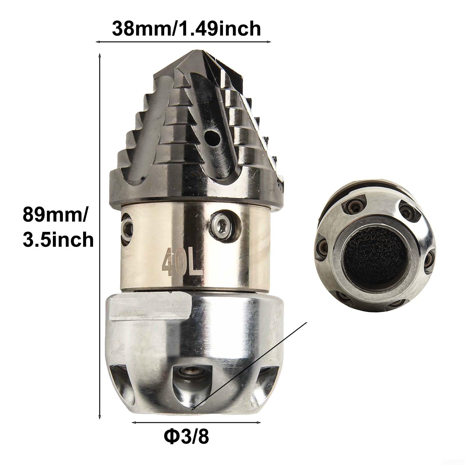 Boquilla giratoria de 360° de acero inoxidable para limpiadores a alta presión, rosca interior G1/2, 40 l/min, 150 kg, plata, 89 x 38 mm, para enjuagar tuberías de aguas residuales y canales, 1 unidad