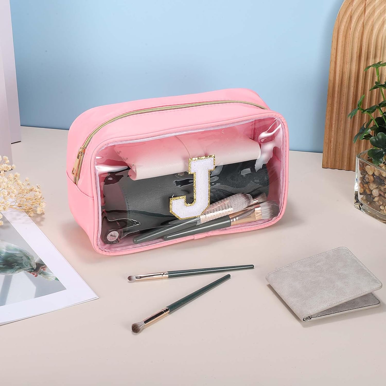 uxcell Initial Makeup Bag, Pink Clear Cosmetic Bag Case Transparent Toiletry Organizer with Zipper, Portable Makeup Pouch for Daily Use Travel, Letter F - Image 4