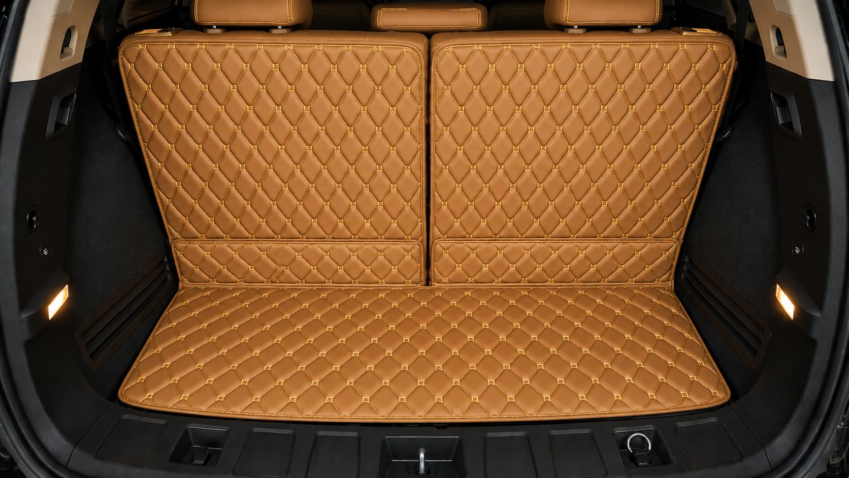 Premium 7D Boot/Trunk Mats Compatible for Kia Carens 6 Seater||Luxury Leather Double Layered mats||Complete Set ||100% Waterproof and Washable (Tan with Golden)
